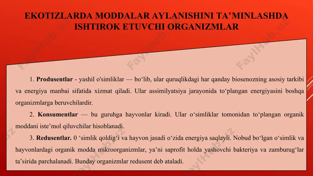 sh yoʼllarini belgilaydi. beklemishev v.n. klassifikatsiyasiga koʼra oʼzaro bevosita va bilvosita bogʼlangan organizmlar orasidagi munosabatlar toʼrt tipga boʼlinadi: 1. trofik 2. topik 3. forik 4. fabrik. trofik bogʼlanishlar bir tur ikkinchi tur bilan oziqlansa (bu tirik yoki oʼlik organizmlar qoldigʼi boʼlishi mumkin), hayoti davomida shu yoʼl bilan tayyorlangan mahsulotlardan oziqlanishda foydalaniladi. topik bogʼlanishlar — bir organizm hayoti boshqa bir organizmning yashash sharoitida kelib chiqadigan fizikaviy va kimyoviy oʼzgarishlarga sababchi boʼladi, masalan: oʼsimliklar boshqa organizmlarga ularning hayot muhitni oʼzgartish orqali taʼsir koʼrsatadi. forik bogʼlanishlar — bir turning tarqalishida boshqa bir turning qatnashuvidir. bunda asosiy rolni hayvonlar oʼynaydi. hayvonlar yordamida oʼsimliklarning urugʼlari, sporalari va changlari tarqaladi. fabrik bogʼlanishlarda bir tur baʼzan oʼz faoliyatlarida boshqa turlar qoldiqlarini ishlatadi. masalan, qushlar oʼziga uya qurganda daraxtlarning mayinroq shoxchalarini, sutemizuvchilarning junini, oʼtlarni va barglarni ishlatadi. «yirtqich-oʼlja», «parazit-xoʼjayin» munosabatlari