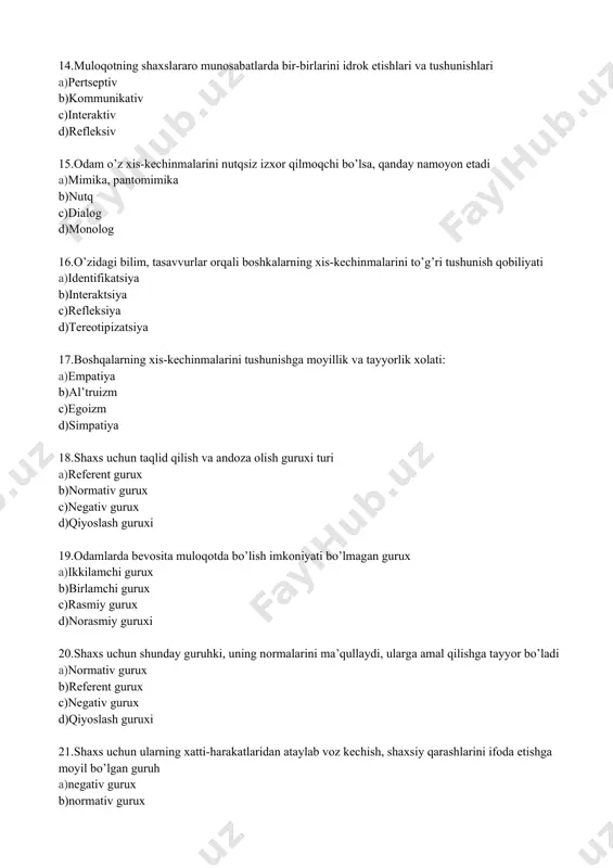 vgust c)2001 yil 6 sentyabr d)1999 yil 12 mart 25.boshqarish omillari necha turga bo‘linadi? a)5 b)4 c)6 d)7 26.oliy ta’lim necha bosqichdan iborat? a)2 b)5 c)3 d)4 27.kadrlar tayyorlash milliy dasturining maqsadi to‘g‘ri ko‘rsatilgan qatorni belgilang a)ta’lim tizimini isloh etish, eski mafkuraviy qarashlardan xalos etish, huquqiy demokratik jamiyatda ma’naviy va axloqiy jihatdan barkamol insonni tarbiyalash b)ta’limning qonun va qoidalarini ro‘yobga chiqarish c)malakali kadrlar bilan ta’minlash d)maktabgacha ta’limni joriy etish, ta’limning uzluksizligini ta’minlash 28.ko‘nikma – bu……. a)mashq qilish natijasija beriladigan harakatlar yig‘indisi b)o‘qituvchi va o‘quvchining birgalikdagi faoliyati c)o‘quv materialini bayon qilish d)o‘quvchining egallab olgan bilim darajasi 29.o‘zbekiston respublikasi davlat madhiyasi kimning qalamiga mansub? a)a.oripov b)e.vohidov c)o‘.hoshimov d)tohir malik 30«majlisi ulamo» eng qadimgi akademiyalarning nechanchisi hisoblanadi? a)3 b)2 c)4 d)5 31.inson xulq-atvori, uning bog‘lanishi, yo‘nalishi va faolligini tushuntirib beruvchi psixologik sabablar majmuasi ………. deb ataladi a)motivatsiya b)o‘yin c)mehnat d)muloqot 32kadrlar tayyorlash milliy modelining tarkibiy qismlari to‘g‘ri ko‘rsatilgan javobni belgilang a)shaxs, davlat va …