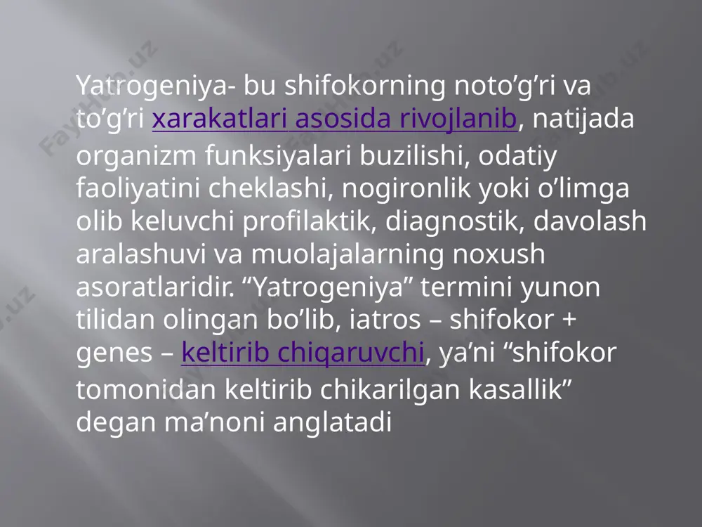 yin kelib chiquvchi buzilishlardir. somatik yatrogeniyalar – bu turli xil tibbiy muolajalar (jarrohlik operatsiyalari, anesteziologik yordamlar, reanimatsion yordamlar, davolash-diagnostik muolajalar, profilaktik muolajalar) natijasida kelib chiquvchi kasallik. infeksion yatrogeniya – bu be’morda tibbiyot xodimlarining noto’g’ri xarakatlari tufayli kelib chiquvchi infeksiya. infeksion 494 yatrogeniyaning sababi diagnostik, organizatsion va davolash – profilaktik tadbirlarda aseptika konunlariga rioya qilmaslik. bundan tashqari infeksion yatrogeniya sababi gemokomponent terapiya va emlashlarni o’tkazishda ehtiyot qoidalarini buzish infeksion yatrogeniya – bu be’morda tibbiyot xodimlarining noto’g’ri xarakatlari tufayli kelib chiquvchi infeksiya. infeksion 494 yatrogeniyaning sababi diagnostik, organizatsion va davolash – profilaktik tadbirlarda aseptika konunlariga rioya qilmaslik. bundan tashqari infeksion yatrogeniya sababi gemokomponent terapiya va emlashlarni o’tkazishda ehtiyot qoidalarini buzish. faqatgina jarrohlik amaliyotining barcha bosqichlarida aseptika qoidalariga qat’iy rioya qilishgina infeksion yatrogeniyaning oldini olish imkonini beradi. etiboringiz uchun rahmat!!! image2.jpeg image3.jpeg image4.jpeg /docprops/thumbnail.jpeg