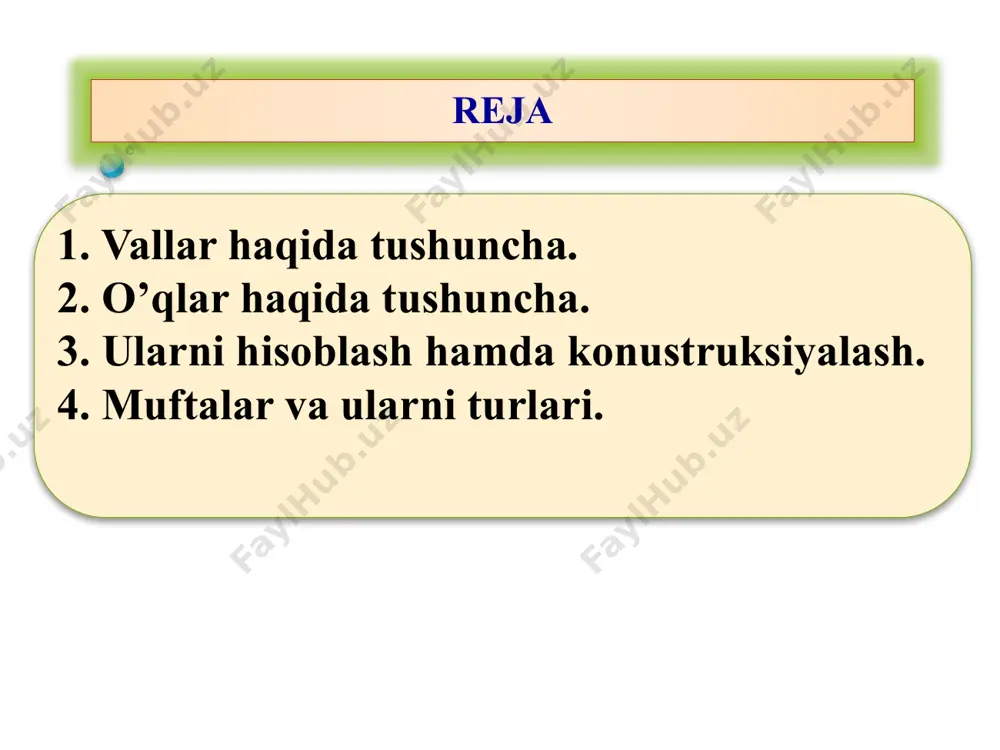 shlash texnologiyasi, tayyorlash hajmi va boshqa omillar hisobga olinadi. termik qayta ishlanmaydigan vallar st5, st6 markali, termik qayta ishlanadigan vallar 45, 40x, sirpanish podshipnik tayanchlarida ishlatiladigan vallar uglerod bilan to‘yintirilgan 20, 20x markali po‘lat materiallardan tayyorlash tavsiya etiladi. diametrlari katta bo‘lgan vallarning og'irligini kamaytirish maqsadida ularning ichi kovak qilib tayyorlanadi, bunda material miqdori 20-40% kamayadi. tirsakli hamda og`irligi katta bo‘lgan vallar yuqori darajali mustahkam cho‘yan materiallardan ham tayyorlanishi mumkin. vallarni mustahkamlikka hisoblash vallar asosan ishlash sharoitiga qarab mustahkamlikka, bikirlikka va titrashga hisoblanadi. vallarni mustahkamlikka hisoblashni, aniqlik darajasi bo‘yicha quyidagi usullarga bo‘lish mo‘mkin. 1. taxminiy usul. 2. taqribiy usul. 3. aniqlashtirilgan usul (nisbatan aniq usul). mexanizm vallarini hisoblashning taxminiy usulida valning o‘qi bo‘ylab joylashtiriladigan tishli g‘ildirak, mufta, podshipnik va boshqa detallarning eni bo‘yicha o`lchamlari noma’lum bo’lganda, faqat valga ta’sir qiluvchi burovchi moment yordamida val uchining diametri aniqlanadi: bu erda, t - burovchi moment, nmm; [τ] - buralishdagi ruxsat etilgan kuchlanish. valni …