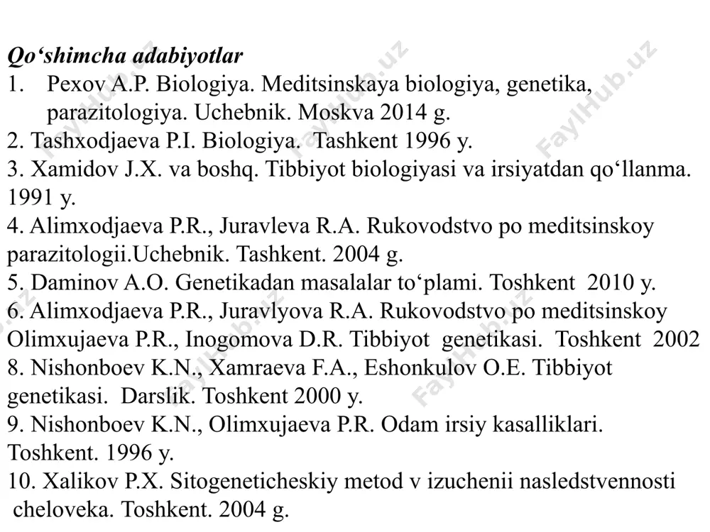 etadi.bu qonuniyatlarni o'rganish uning predmeti hisoblanadi. irsiyat-tirik organizmlarning o'z belgi va xususiyatlarini kelgusi avlodlarga o'tkazish ya'ni nasldan naslga berish xossasidir. o'zgaruvchanlik- tirik organizmning tashqi va ichki omillar ta'sirida o'zgargan belgi va xususiyatlar hosil qilish xossasidir. 1909-yilda daniyalik olim v.iogansen tomonidan "gen", "genotip", "fenotip" atamalari fanga kiritilgan. gen yunoncha "genos"so'zidan olingan bo'lib ,avlod ,kelib chiqish degan ma'noni anglatadi. organizmdagi barcha genlarning yig'indisi genotip deyiladi. organizmning individual rivojlanishida hosil bo'lgan belgi,xossa,xususiyatlarning yig'indisi fenotip deyiladi. irsiyat-bu xossa,irsiylanish esa-jarayondir. genetika fani vazifasi.genetika fani biologiyaning bir qator nazariy va amaliy muommolarini hal etadi. nazariy muammolar: -irsiyatning moddiy asoslari-xromosomalar,genlar,dnk va rnk molekulalarining struktura va funksiyasini tekshirish: -organizmlar belgi va xususiyatlarining kelgusi avlodlarga berilishi va rivojlanishi,turli fizik va kimyoviy omillar ta'sirida irsiy o'zgaruvchanlik paydo bo'lish qonuniyatlarini aniqlash. amaliy muammolar: -madaniy o'simliklarning yangi, navlari,xonakilashtirilgan hayvonlarning navlarini yaratishning samarali metodlarini ishlab chiqish. -odamlarning turli irsiy kasalliklarining paydo bo'lishini o'rganish,ularni oldini olish va davolashning samarali metodlarini yaratish. genetikaning tadqiqot metodlari …