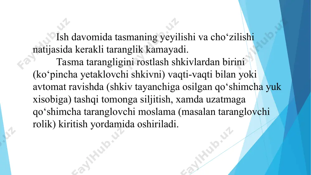 ovchi tarmoqqa kirish joyida yuzaga keladi  max =  v + 1 + э1  мax ≤ -1 tasmaning ishlash qobiliyati uning tortish qobiliyati va umrboqiyligi (ishonchli ishlash mudati) bilan belgilanadi. tasmaning tortish qobiliyati tasma materialining mustaxkamligi bilan, umrboqiyligi esa tasmaning mastaxkamligi va uning toliqishga chidamliligi bilan baholanadi. tasmaning umrboqiyligi kuchlanishlar qiymatidan tashqari, tasma shkivlarni qamragandagi egilish xarakteri va bu egilishning o‘zgarish siklining takrorlanishlariga ham bog‘liq bo‘ladi. tasma tarmoqlaridagi kuchlanishlarning o‘zgarishi nazorat savollari 1. tasmali uzatmalarning tasnifini aytib bering. 2. tasmali uzatmalarning afzallik va kamchiliklarini xamda qo‘llanish sohalarini ko‘rsating. 3. yassi tasmali rezinalashtirilgan va ip gazlama tasmalarni qaysi xollarda qo‘llash tavsiya etiladi? 4. ponasimon tasmaning yassi tasmadan qanday afzalliklari bor? 5. fo , f1 , f2 , ft lar nima va ular orasida qanday bog‘lanish mavjud? 6. nima uchun tasmalar oldindan taranglanadi? 7. elastik sirpanishning moxiyati tushuntiring. 8. elastik sirpanish bilan shataksirash orasida qanday farq bor? 9. ochiq yassi …