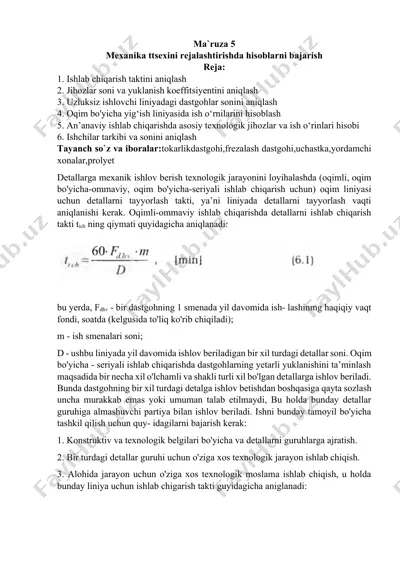 mexanika ttsexini rejalashtirishda hisoblarni bajarish — DOCX