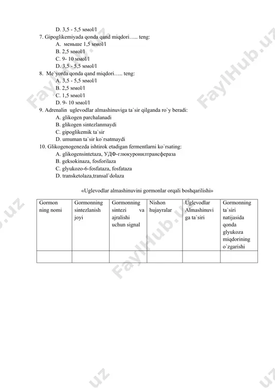 iyada qonda qand miqdori….. teng: a. 9- 10 ммоl/l b. 2,5 ммоl/l c. 1,5 ммоl/l d. 3,5 - 5,5 ммоl/l 7. gipoglikemiyada qonda qand miqdori….. teng: a. меньше 1,5 ммоl/l b. 2,5 ммоl/l c. 9- 10 ммоl/l d. 3,5 - 5,5 ммоl/l 8. me`yorda qonda qand miqdori….. teng: a. 3,5 - 5,5 ммоl/l b. 2,5 ммоl/l c. 1,5 ммоl/l d. 9- 10 ммоl/l 9. adrenalin uglevodlar almashinuviga ta`sir qilganda ro`y beradi: a. glikogen parchalanadi b. glikogen sintezlanmaydi c. gipoglikemik ta`sir d. umuman ta`sir ko`rsatmaydi 10. glikogenogenezda ishtirok etadigan fermentlarni ko`rsating: a. glikogensintetaza, удф-глюкуронилтрансфераза b. geksokinaza, fosforilaza c. glyukozo-6-fosfataza, fosfataza d. transketolaza,transal`dolaza «uglevodlar almashinuvini gormonlar orqali boshqarilishi» gormon ning nomi gormonning sintezlanish joyi gormonning sintezi va ajralishi uchun signal nishon hujayralar uglevodlar almashinuvi ga ta`siri gormonning ta`siri natijasida qonda glyukoza miqdorining o`zgarishi