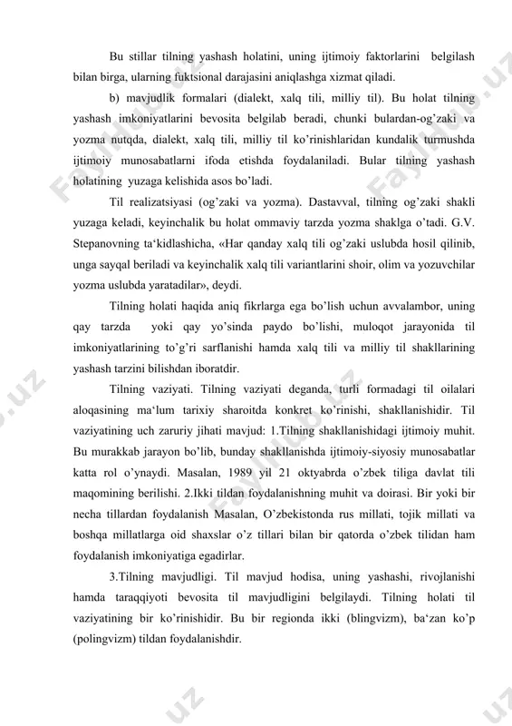 hodisa bo’lib, uni o’rganish ulkan ijtimoiy til qonuniyatidir. adabiyotlar 1. karimov i.a. o’zbekiston buyuk kelajak sari. -t: o’zbekiston, 1998. 2. axmanova o.s. slovar lingvisticheskix terminov. -m: nauka, 1966. 3. jirmunskiy v.m. vopros sotsialnoy lingvistiki. -m. :nauka, 1969.