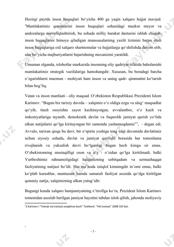 ir zamonda yashamoqdamiz” , - degan edi. avvalo, tarixan qisqa bu davr, bir о‘spirin yoshiga teng vaqt davomida davlatimiz uchun siyosiy sohada, davlat va jamiyat qurilishi borasida har tomonlama rivojlanish va yuksalish davri bо‘lganligi bugan hech kimga sir emas. о‘zbekistonning mustaqilligi oson va о‘z - о‘zidan qо‘lga kiritilmadi, balki yurtboshimiz rahnamoligidagi halqimizning sobitqadam va sermashaqqat faoliyatining natijasi bо‘ldi. shu ma’noda istiqlol kimningdir in’omi emas, balki kо‘plab kurashlar, muntazam hamda samarali faoliyat asosida qо‘dga kiritilgan qonuniy natija, xalqimizning ulkan yutug‘idir. bugungi kunda xalqaro hamjamiyatning e’tirofiga kо‘ra, prezident islom karimov tomonidan asoslab berilgan jamiyat hayotini tubdan isloh qilish, jahonda moliyaviy – iqtisodiy inqiroz bо‘lib turganiga qaramay, iqtisodiy rivojlanish va ijtimoiy hayotni erkinlashtirish, jamiyatni demokratlashtirish va bosqichma - bosqich modernizatsiyalash modeli amalda о‘zini tо‘la oqlamoqda. mustaqillik – xalqimizning ulkan yutug‘idir. zero, mamlakatimizda millatlararo va dinlararo ziddiyatlarni oldini olish, ichki va tashqi buzg‘unchi kuchlarni bartaraf etish bо‘yicha amalga oshirilgan keskin choralar va ularnig ahamiyati …