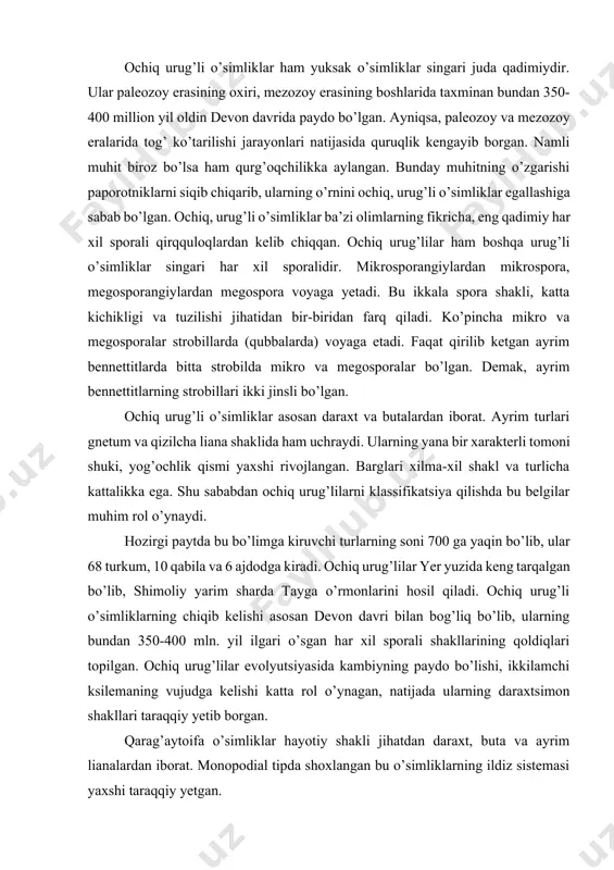 ga kiradi. ochiq urug’lilar yer yuzida keng tarqalgan bo’lib, shimoliy yarim sharda tayga o’rmonlarini hosil qiladi. ochiq urug’li o’simliklarning chiqib kelishi asosan devon davri bilan bog’liq bo’lib, ularning bundan 350-400 mln. yil ilgari o’sgan har xil sporali shakllarining qoldiqlari topilgan. ochiq urug’lilar evolyutsiyasida kambiyning paydo bo’lishi, ikkilamchi ksilemaning vujudga kelishi katta rol o’ynagan, natijada ularning daraxtsimon shakllari taraqqiy yetib borgan. qarag’aytoifa o’simliklar hayotiy shakli jihatdan daraxt, buta va ayrim lianalardan iborat. monopodial tipda shoxlangan bu o’simliklarning ildiz sistemasi yaxshi taraqqiy yetgan. qarag’aytoifalarga xos xususiyatlardan yana biri ularda qubbalarning bo’lishidir. qubbalar o’q poya, qoplag’ich va tangacha barglardan tashkil topgan. tangacha barglar qo’ltig’ida urug’kurtak yoki changdonlar joylashgan, shunga ko’ra ular changchi (erkaklik) va urugchi (urg’ochi) qubbalarga ajraladi. hozirgi klassifikatsiyalar bo’yicha qarag’aytoifalar quyidagi 6 ta ajdodga bo’linadi: 1. urug’li qirquloqsimonlar– lyginopteridopsida yoki pteridospermae 2. sagoniksimonlar - cycadopsida 3. bennettitsimonlar - bennetittopsida 4. gnetumsimonlar - gnetopsida 5. ginkgosimonlar - ginkgoopsida 6. qarag’aysimonlar - pinopsida …