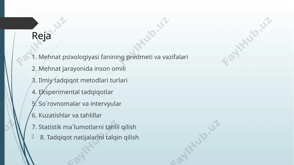ni optimallashtirish orqali inson omilini samarali ishlatish mumkin. ishning tashkil etilishi, boshqaruv usullari va jamoaviy munosabatlar ham inson omiliga ta`sir qiladi. mehnat psixologiyasi inson omilini samarali boshqarish usullarini o`rganadi. mehnat jarayonida inson omili mehnat psixologiyasida turli xil ilmiy tadqiqot metodlari qo`llaniladi. bu metodlardan biri kuzatish metodidir. kuzatish orqali mehnat jarayonida yuz beradigan hodisalarni bevosita kuzatish va qayd etish mumkin. so`rovnoma metodlari ishchilarning fikr-mulohazalari va munosabatlarini o`rganish uchun ishlatiladi. eksperimentlar esa mehnat jarayoniga turli omillar ta`sirini aniqlash imkonini beradi. statistik tahlil metodlari esa to`plangan ma`lumotlarni qayta ishlash va tahlil qilish uchun qo`llaniladi. zamonaviy texnologiyalar ham tadqiqotlarda qo`llaniladi. masalan, fiziologik ko`rsatkichlarni o`lchash, ko`z harakatlarini kuzatish va boshqalar. har bir tadqiqot maqsad va vazifalariga qarab o`ziga xos metodlarni tanlaydi. metodlarni tanlashda tadqiqotning aniqligi va ishonchliligini ta`minlash muhimdir. ilmiy tadqiqot metodlari turlari eksperimental tadqiqotlar mehnat psixologiyasida muhim o`rin tutadi. ular orqali turli omillar mehnat unumdorligiga qanday ta`sir qilishini aniqlash mumkin. eksperimentlar nazariy farazlarni tekshirish …