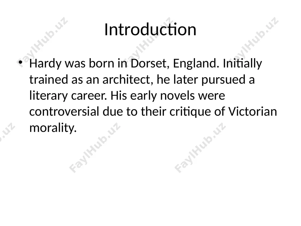• many of his novels have been adapted into films and tv series. conclusion thomas hardy’s literature bridges the victorian and modern eras. his exploration of human suffering, social constraints, and fate makes him a timeless literary figure. references • hardy, thomas. *tess of the d’urbervilles*. • gittings, robert. *young thomas hardy*. • various academic sources on english literature. /docprops/thumbnail.jpeg