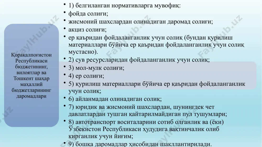 инг республика бюджетига, вилоятларнинг вилоят бюджетларига, тошкент шаҳрининг шаҳар бюджетига қонунчиликда белгиланган миқдорларда ва тартибда тақсимланиши мумкин. солиқлар ва бошқа даромадлар белгиланган нормативларга мувофиқ қорақалпоғистон республикасининг республика бюджети, вилоятларнинг вилоят бюджетлари, тошкент шаҳрининг шаҳар бюджети ҳамда туманлар ва шаҳарлар бюджетлари ўртасида қайта тақсимланиши мумкин. 4 5 солиқларнинг қуйидаги турлари туманлар ва шаҳарлар бюджетларига тўлиқ ҳажмда ўтказилади: жисмоний шахслардан олинадиган мол-мулк солиғи; жисмоний шахслардан олинадиган ер солиғи; жисмоний шахслар томонидан мол-мулкни ижарага беришдан олинган даромадлар бўйича декларация асосида тўланадиган солиқлар, шунингдек якка тартибдаги тадбиркорлар тўлайдиган жисмоний шахслардан олинадиган даромад солиғи; сув ресурсларидан фойдаланганлик учун солиқ, бундан электр станциялари томонидан тўланадиган солиқ мустасно; қурилиш материаллари бўйича ер қаъридан фойдаланганлик учун солиқ. 6 қорақалпоғистон республикасининг республика бюджетига, вилоятларнинг вилоят бюджетларига ва тошкент шаҳрининг шаҳар бюджетига қуйидагилар тўлиқ ҳажмда ўтказилади: юридик шахсларнинг мол-мулкига солинадиган солиқ; юридик шахслардан олинадиган ер солиғи; электр станциялари томонидан тўланадиган сув ресурсларидан фойдаланганлик учун солиқ; бензинни, дизель ёқилғисини ва газни …