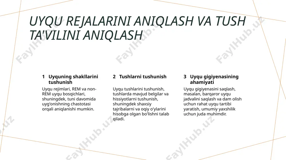 lib kelishi mumkin. oʻng qismi va tush ramzlarining tabiiyoti turli xotin qismlari tush ko'rish va tushlarni tafsilotlari va tarjimalari ustida ta'sir qiladi. gipnoz nevroz kasalliklari uchun davolash usuli nevroz kasalliklarini tushunish uyqu gigiyenasining nevroz kasalliklarini davolashdagi foydalari misol holatlar va muvaffaqiyat hikoyalari nevroz kasalliklari, masalan, xavf va ocd, asosiy psixologik muammolarni oldini olgan holda gipnoz orqali samarali tarzda davolash mumkin. gipnoz, kasallik belgilari bilan boshqarish va stresni kamaytirishga yordam berishi mumkin, bu esa umumiy ma'naviy yaxshilik va hayot sifatini yaxshilashga olib keladi. koʻplab muammolarni oldini olishda gipnozning samaradorligini koʻrsatadigan bir nechta kasallik holatlari koʻrsatmalariga asoslangan koʻp oʻquv holatlari mavjud, koʻplab tibbiyot uyqu gigiyenasining bolalarda ahamiyati uyqu tartibi yaratish odatiy yotqizish tartibli amallari, masalan, hikoya o'qish yoki issiq suvda yuvish, bolalarga uxlash va uxlashga tayyorlanish vaqtini bildirishi mumkin. ekran vaqti uyqu oldin cheklanadi. ekran oldidan turib, bolaning uyqu tartibini buzishi mumkin, shuning uchun cheklovlar qo'yish va o'rniga qo'zg'atuvchi faoliyatni rag'batlantirish juda …
