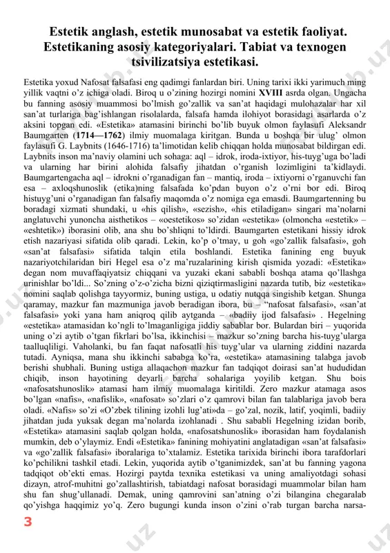 ro bugungi kunda inson o’zini o’rab turgan barcha narsa-hodisalarning go’zal bo’lishini, har qadamda nafosatni his etishni istaydi: biz taqib yurgan soat, biz kiygan kiyim, biz haydayotgan mashina, biz uchadigan samolyot, biz yashayotgan uy, biz mehnat qiladigan ishxona, biz yurgizayotgan dastgoh, biz yozayotgan qalam, biz dam oladigan tomoshabog’lar – hammasidan nafis bir ruh ufurib turishi lozim. go’zallik, ko’rganimizdek, nafosatning bosh, etakchi xususiyati hisoblanadi. shu bois u estetikaning mezoniy tushunchalaridan biri sifatida tadqiq va talqin etiladi. zero go’zallikning ishtirokisiz yuqoridagi xususiyatlarning birortasi estetik tabiatiga ega bo’lolmaydi. masalan, ulug’vorlikni olaylik. u asosan hajmga, miqyosga miqdorga asoslanadi: buxorodagi arslonxon minorasi yoxud minorai kalon ulug’vorligi bilan kishini hayratga soladi. unga tikilar ekansiz, qalbingizni nafosat zavqi qamrab oladi. lekin xuddi shunday balandlikdagi kimyoviy korxona mo’risidan zavqlanolmaysiz. yoki yonbag’irdan turib, toqqa tikilsangiz, estetik zavq tuyasiz, ammo xuddi shunday balandlikdagi shahar chetida o’sib chiqqan axlat «tog’i»ga qarab zavqlanmaysiz. chunki arslonxon minorasi me’morlik san’ati asari sifatida go’zallik qonuniyatlari asosida …