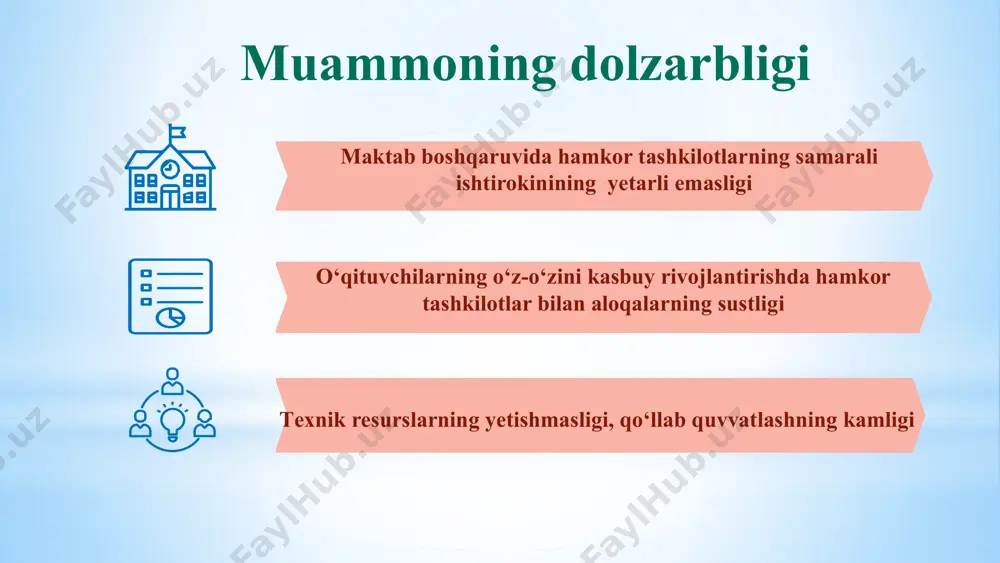muhim omil sifatida ko‘rib chiqadi. 3. “ta’lim menejmenti” r.x.djurayev, s.t.turg‘unov. tahlil: kitobda maktabni strategik boshqarish va rejalashtirish, rahbarlar faoliyatini tashkil etish va boshqa masalalar yoritilgan. 4. “ta’lim menejmenti yoxud na’lim tashkilotini ilmiy-metodik boshqarishga innovatsion yondashuv”. shukur po‘latov.2022 tahlil: kitobda ta’lim muassasalari faoliyatini innovatsion boshqarishning nazariy va texnologik asoslari va boshqa masalalari yoritilgan. 1.gevin kennedi “muzokara san’ati“ asari. tahlil: kitobda bo‘lajak uchrashuvga qanday tayyorgarlik ko‘rish, qanday qilib o‘z nuqtai nazaringizni foydali tarzda taqdim etish, qanday savdolashish va muzokara jarayonini barcha ishtirokchilar uchun o‘zaro manfaatli qilish haqida so‘z boradi. 2. v.a.kozakova "upravlenie obrazovatelnoy organizatsiey: teoriya i praktika " tahlil: bu kitob ta'lim tashkilotlarini boshqarishning nazariy va amaliy jihatlarini yoritadi, shu jumladan, hamkor tashkilotlar bilan ishlashni ham qamrab oladi. 3.david hopkins "partnerships for school improvement" (maktab rivoji uchun sheriklar (hamkorlar) asari. tahlil: bunda maktablarning ta’lim sifatini oshirish maqsadida turli hamkorliklarni rivojlantirish tajribalari tahlil qilinadi. mahalliy adabiyotlar xorijiy adabiyotlar maktab boshqaruvida hamkor tashkilotlarning samarali …