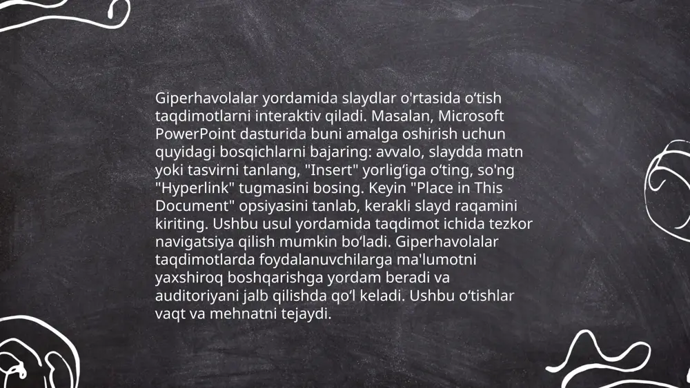 g aholiga yanada qulayroq va samaraliroq kiritishga yordam beradi. shuningdek, gipermatnli havolalar qidiruv tizimlari optimallashtirilishini 50% ga oshirishga hissa qo'shadi. shu bilan birga, ular veb-sayt sahifalarini ko'rib chiqish vaqtini qisqartiradi, bu foydalanuvchilar tajribasini yaxshilashga yordam beradi. ... t.me/slaydai_bot 12. giperega tuzatish va yangilash, ko'z shifoxonalarida bajariladigan jarrohlik amaliyotidir. bu usul miyopi, gipermetropi yoki astigmatismini tuzatish uchun lazer texnologiyasidan foydalanadi. lazer yordamida ko'zning qavatlariga tegishli o'zgartirishlar kiritilib, nur to'g'ri yo'naltiriladi va shuningdek, ko'rish keskinligi oshiriladi. amaliyot odatda bir necha daqiqa davom etadi va bemorlar tezda normal faoliyatga qayta oladi. 1990-yildan boshlab jahon miqyosida millionlab odamlar ushbu usul orqali ko'rishni yaxshilashgan. u muvaffaqiyat darajasi 95% va undan yuqori bo'lishi mumkin. jarrohlikdan so'ng tiklanish jarayoni odatda bir-ikki hafta davom etadi. ... t.me/slaydai_bot 13. giperssilkalar va xavfsizlik masalalari. giperssilkalar (giperssilkalar) internetda resurslar o'rtasidagi aloqalarni ta'minlash orqali ma'lumotga kirishni osonlashtiradi. shu bilan birga, xavfsizlik masalalari vujudga keladi, chunki zararli gipermurojaatlar foydalanuvchilarni phishing saytlariga olib borishi …