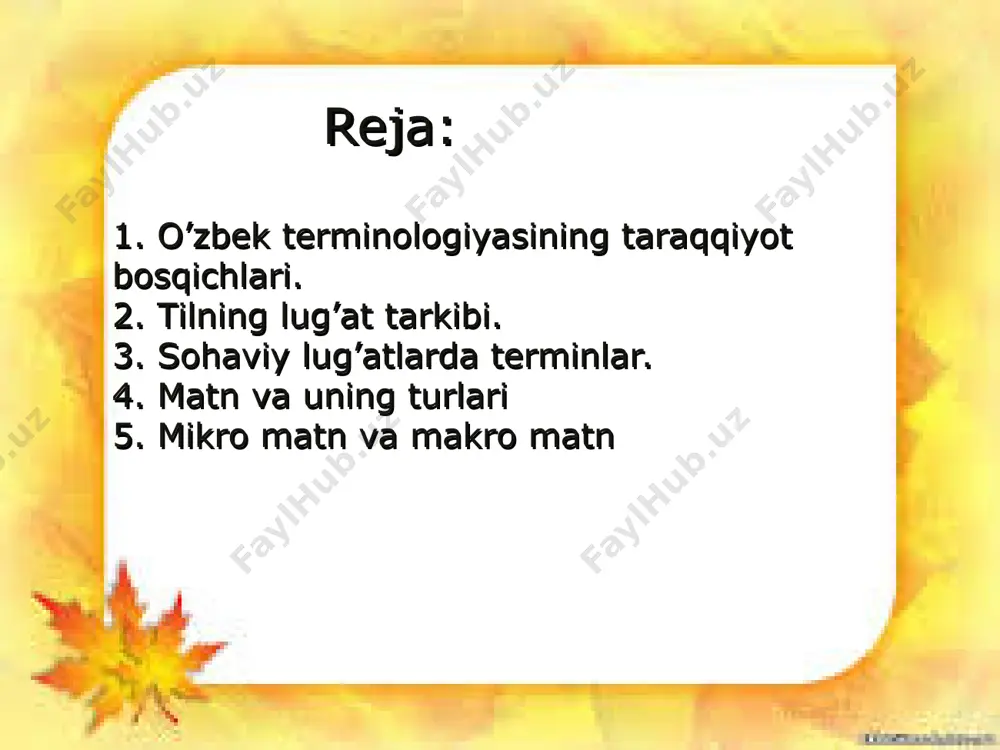 . terminalogiyaning oʻziga xos xususiyatlari mavjud. masalan, umumadabiy tilda sinonimiya, omonimiya va kup maʼnolilik tilning boyligi boʻlsa, terminalogiyada bular salbiy hodisa hisoblanadi. masalan, birgina tushunchani ifodalash uchun oʻzbek tilida yarimoʻtkazgich — chalaoʻtkazgich — nimoʻtkazgich terminlari qoʻllanmoqda. bu, oʻz navbatida, oʻqish,oʻqitish va axborot almashish jarayonini qiyinlashtiradi olimlar fikri a.reformatskiy terminga ta’rif berar ekan, “... terminlar – bu maxsus so‘zlardir” degan xulosaga keladi. h.jamolxonov terminga munosabatda bo‘lar ekan quyidagicha yozadi: “terminlar fan-texnika, adabiyot, san`at va boshqa sohlarga oid ixtisoslashgan, qo‘llanishi muayyan soha bilan chegaralangan tushunchalarni ifodalaydigan nominativ birliklardir: gulkosa, shona (botanikada); to‘rtburchak, kvadrat (geometriyada); ega, kesim (tilshunoslikda); qofiya, turoq, vazn (adabiyotshunoslikda) kabi ma’lum bir fikrni batafsil ifodalash uchun gaplarni tilimizning muayyan qoidalari asosida bog‘lab, matn tuzamiz. mazmun va grammatik jihatdan bog‘langan, bir mavzuni ifodalovchi gaplar matnni hosil qiladi. mavzu matndagi asosiy fikrning nima haqida ekanligidir. shundan kelib chiqqan holda matnning sarlavhasi ham bo‘lishi mumkin. matn turli maqsadlar bilan tuziladi. masalan: muayyan predmet …