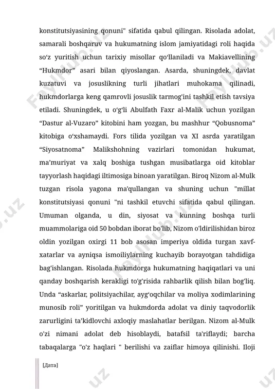 tlarni tiklash, unvonlarning ahamiyati haqida suhbatdan boshlanadi. niẓomulmulk qirolga bir kishiga ikki marta tayinlanmaslikni, muhtojlarni ish bilan ta'minlashni, pravoslav dini va sog'lom nasl-nasabga ega bo'lganlarni jalb qilishni va bid'atchi mazhablar va zararli ta'limotlar tarafdorlarini o'z hukumatidan uzoqlashtirishni maslahat beradi. yakunlash an'anaviy tarzda bo’lib oxirgi uch bob moliyaviy boshqaruv, adolatni ta'minlash va viloyat hisobi amaliyoti bilan bog'liq. u bid'at mavzusiga umumiy kirishidan so'ng va iqtisodiy masalalar bo'yicha yakuniy boblaridan oldin u ayollar haqida munozaraga o'tadi. “siar al-moluk” bu bid'at mavzusiga bog'liq bo’lib, ayollar va bid'at birikmasining so'zma-so'z talqini, o'rta asrlar tarixshunosligida tez-tez uchrab turadigan ritorik topos so'nggi tadqiqotlarda tanqid qilindi. bid'at bilan bog'langan ayollar - bu aql va ehtiros o'rtasidagi uzluksiz ziddiyatning avtoridir, maslahat adabiyotida tez-tez qo'llaniladigan to'plar, bu erda ular xayrli maslahat va uni etkazib beruvchining dushmani sifatida tasvirlanadi. nizomulmulk o‘tmishdagi, islom paydo bo‘lishidan oldin va keyin monarxlarning tajribalariga tayangan holda, davlatga qarshi yigirmata qo‘zg‘olon (jumladan, mazdak, bobak, qarmatiylar, batenislar) …