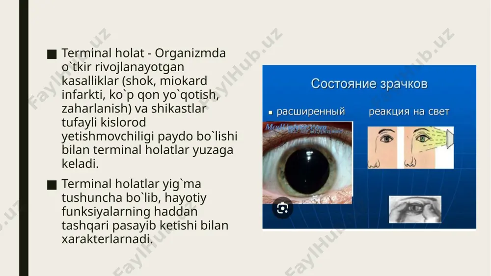 rdasining qurishi, qorachiqning maksimal kengayishi, yorug’likka umuman reaksiya aniqlanmaydi. 5. o’lim dog’lari paydo bo’lishi ( o’limdan 2 soatdan keyin ) 6. organizm mushak to’qimasining qotishi ( 6 soatdan keyin yuzaga keladi) 7. tana haroratining tushishi ( tashqi muhit haroratigacha) 8. moddalar almashinuvi to’xtagan . reanimatsion chora- tadbirlar o’tkazilishiga qarshi ko’rsatmalar: 1. hayotga noloyiq jaroxatlar ( boshning tanadan uzilishi, ko’krak qafasi butunlay ezilishi) 2. biologik o’limning yaqqol belgilari. 3. surunklali patologiyalarning terminal bosqichi va reanimatsion yordam bosqichlari foydasizligi kasallik tarixida yoritilgan bo’lsa ( masalan onkologik kasalliklarning og’ir terminal bosqichida ) 4 yurak faoliyatining to’xtaganiga 25 daqiqadan ko’p bo’lgan bo’lsa, ekg da yurak ritmlari aniqlanmasa, tana harorati tushib ketgan bo’lsa . qon aylanish va nafas harakatlari to’xtaganda birinchi yordam : dastlab pulsni aniqlaymiz : qo’l arteriyalarda va uyqu arteriyasida bemor burniga yaqinroq biror mato ( masalan mayin ip ) olib borib nafas harakati bor yo’qligi tekshiraladi. yurak o’pka reanimatsiyasi asoschisi avsriyalik shifokor …