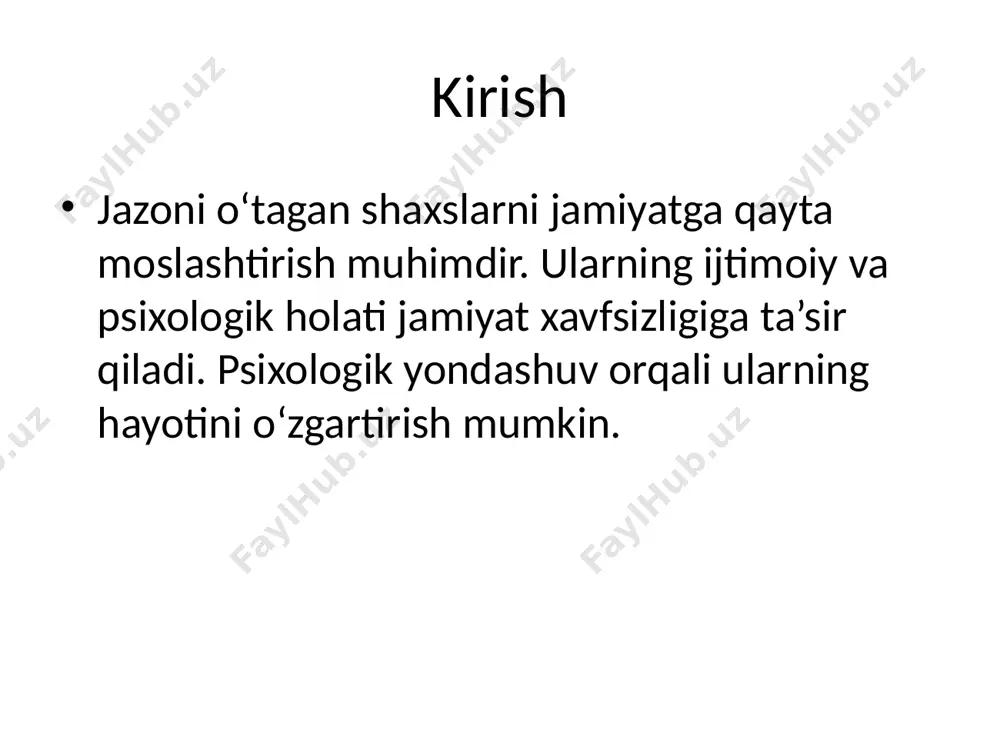 chilar bilan hamkorlik davlat va xususiy sektor hamkorligi - ishga joylashtirish dasturlari - maxsus kasb-hunar o‘rgatish markazlari - sobiq mahkumlarga imtiyozli kreditlar psixologik treninglar - o‘z-o‘zini boshqarish - emotsional intellektni rivojlantirish - jamoaviy hamkorlik ko‘nikmalari mahkumlarning ichki motivatsiyasi - ijobiy kelajak tasavvuri yaratish - maqsadlarni belgilash va ularga erishish - salbiy odatlardan voz kechish takroriy jinoyatchilikning oldini olish - jinoyatga qaytish sabablarini tahlil qilish - ijtimoiy integratsiya va moslashish - ijtimoiy xizmatlarning qo‘llab-quvvatlashi xulosa mahkumlarning psixologik reabilitatsiyasi ularning jamiyatga qaytish jarayonida muhim rol o‘ynaydi. kreativ va innovatsion yondashuvlar natijasida ularning hayot sifati oshadi va jinoyatchilik kamayadi. /docprops/thumbnail.jpeg