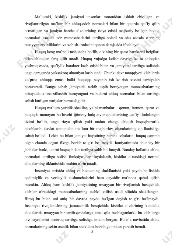 ning anchayin baxslarga sabab bo‘layotganligi meni ham ushbu mavzuda mazkur kurs ishini yozishga undadi. shu bilan birga huquqda yangicha amaliyotning joriy qilinishini ham maqsadga muvofiq ish deb hisoblayman va bu borada huquq nazariyotchilarining bildirgan fikrlarini o‘rganib, ma’lum bir xulosa va ushbu mavzu bo‘yicha yanada to‘laroq ma’lumotlarga ega bo‘lishni o‘z oldimga maqsad qilib qo‘ydim. zero ertangi kunimizda jamiyat hayotida bo‘ladigan o‘zgarishlar bugun biz o‘rganadigan va egallaydigan bilimlarning naqadar chuqurligiga bog‘liq. shuningdek, huquqiy ongi rivojlanib borayotgan xalqimizning kelajakda huquq normalarini yanada takomillashtirishga bo‘lgan talablarini qondirish ham huquq tushunchasini imkon qadar chuqurroq o‘zlashtirishga undaydi. bu esa yuridik soha vakillariga qo‘shimcha mas’uliyat yuklaydi. chunki, huquq normalarini ishlab chiquvchilar, uni davlat darajasida mustahkamlanishini ta’minlovchilar, shuningdek, sanksiyalarni o‘rnatuvchilar ham jamiyatni boshqaruvchi asosiy kuch hisoblanmish ushbu soha vakillarini mazkur sohada chuqurroq bosh qotirishlariga undaydi. ayniqsa, muhtaram prezidentimizning har chiqishlarida jamiyatimizni demoktarlashtirish, erkinlashtirish, fuqarolarning qonun oldida tengligini ta’minlash, ularga huquqiy maslahat va yuridik xizmat ko‘rsatish ishlarini yanada rivojlantirishga …