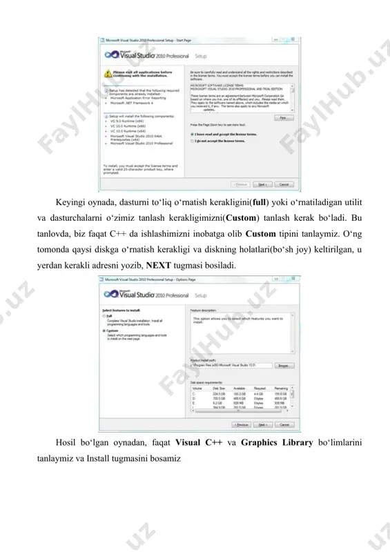 yuqorisidan pastiga qarab joylashgan buyruqlar to’plamini o’zida namoyon qiladi. asosiy menyu qatori ostida joylashgan ikkinchi qatorda ba’zi bajariluvchi buyruqlarning tezkor chaqiruv tugmalari joylashgan. bu tugmalarning barcha suzuvchi izohga ega (sichqoncha kursorini tugmachaning ustiga olib borish va biroz kutish zarur, shundan so’ng ushbu tugma nima uchun mo’ljallanganligi haqida izoh paydo bo’ladi). yaratiluvchi ilova turini ko’rsatuvchi menyu. 1.3 – rasm. tezkor chaqiruv tugmalari. bunday tugmalarning yonida ushbu tugmaning qo’shimcha vazifalarini ochuvchi yana qo’shimcha tugma bo’lishi mumkin. barcha tugmalarni ishchi stoliga joylashtirishning iloji yo’qligi tufayli, ushbu tugmalar yashiringan holatda bo’ladi. ilova turini berish bilan ishchi soha o’z ko’rinishini o’zgartiradi. bular bilan keyingi tajriba mashg’ulotlarida tanishamiz. topshiriq: visual studio dasturini o’rnating, ishchi muhiti bilan tanishib chiqing va “hello world” dasturini tuzing. image4.jpeg image5.jpeg image6.jpeg image7.png image8.png image9.png image1.jpeg image2.jpeg image3.jpeg