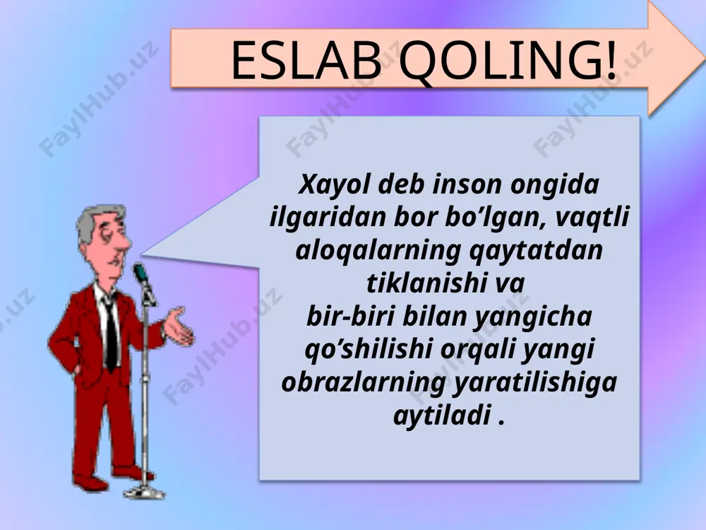 lgilanadi xayol kengligi voqelikning kishilar xayol faoliyati uchun obyekt bo’ladigan sohalar doirasi bilan belgilanadi xayolning realigi. voqelikni to’g’ri aks ettirgan obrazlar real obrazlar deyiladi xayol kuchi avvalo odam ehtiyojining qiziqishlarining va istaklarining kuchiga bog’liq bo’ladi fantastik xayol amalga oshmaydigan xayol turidir bu faqat inson xayolidagina ro’y beradi masalan: sehirgar bo’lish,o’zga sayyoraga tushib qolish,suv parisi bo’lish xayolning o’sishi yasli yoshidagi bolalarda xayolning o’sishi maktabgacha tarbiya yoshidagi bolalarda xayolning o’sishi maktab yoshidagi bolalarda xayolning o’sishi e’tiboringiz uchun rahmat! image2.png image3.png image4.gif image5.tiff image6.gif image7.jpeg image8.jpeg image9.gif image10.wmf image11.gif image12.jpeg /docprops/thumbnail.jpeg