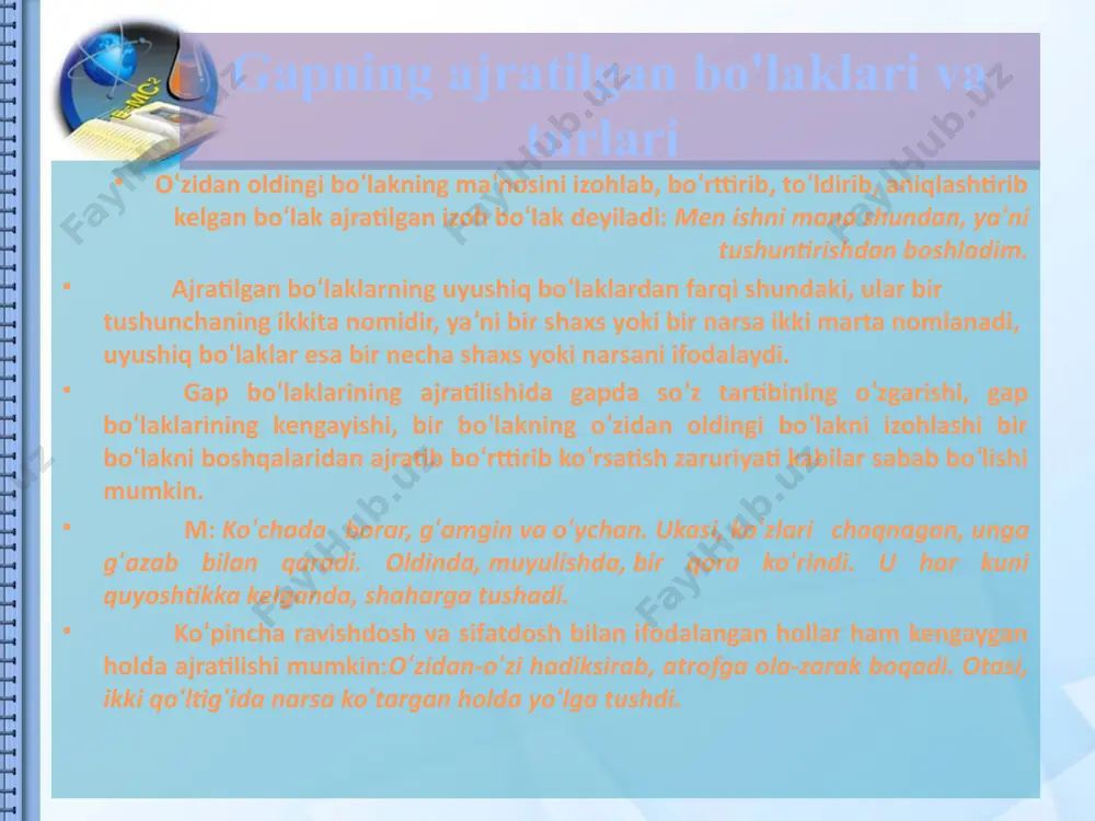 a quyidagi turlarga bo‘linadi: ajratilgan izoh qaratqich-aniqlovchi o‘zidan oldingi qaratqich-aniqlovchini izohlaydi: bir necha kishilarning, ayol va erkaklarning qorasi ko‘rindi; ajratilgan sifatlovchi-aniqlovchi sifatlanmishdan keyin kelib uni izohlaydi (ba’zi darsliklarda bu ters sifatlovchi-aniqlovchi deb ataladi): gullar terdim, chiroyli. ajratilgan izoh hol gapda o‘zidan oldingi holni izohlab keladi. quyidagi hol turlari ajratiladi: 1) o‘rin: uning qo‘lidan ushlab ichkariga, mehmonxonaga boshladi. 2) payt: anjuman bugun, soat beshda boshlanadi. 3) ravish (vaziyat): qo‘llar ishlar tez – mo‘jizakor. 4) maqsad: shaharga borish uchun, ya’ni o‘g’lini ko‘rish uchun, ulov qidirdi. 5) miqdor-daraja: bugun sizni yana, ikkinchi marta kechirishdi. ajratilgan izoh bo‘laklarda tinish belgilarining ishlatilishi yozma nutqda izoh bo‘laklar ko‘pincha vergul va tire bilan ajratiladi: 1) izoh bo‘laklarning o‘z ichida vergul bo‘lsa, ikki tomoniga tire qo‘yiladi: endi odamlar –otliq, piyoda, yosh-qari – uchray boshladi. 2) ajratilgan bo‘lak kengayib, uyushib, gap oxirida kelsa, undan oldin tire qo‘yiladi: mening o‘z muhabbatim bor – toza va musaffo! 3) bosh kelishikdagi kishilik …