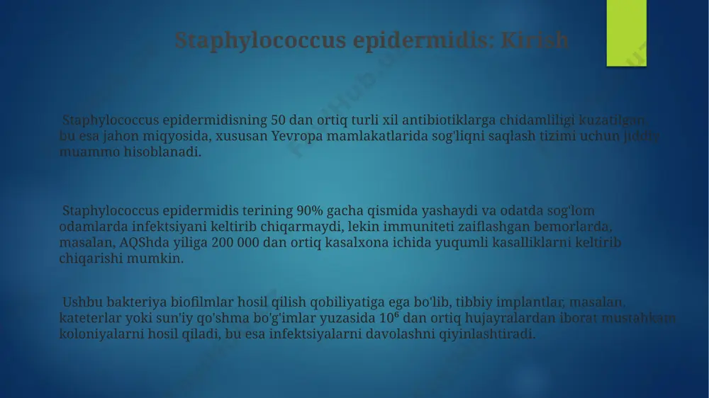 taphylococcus epidermidis’ning biofilmlar hosil qilish mexanizmlarini chuqurroq tushunish uchun dunyoning turli burchaklaridan, masalan, aqsh va germaniya tadqiqot markazlarida 10 dan ortiq yangi tadqiqot loyihalari boshlangan. 2023 yilda yaponiya olimlari tomonidan olib borilgan tadqiqotlar s. epidermidisning immun tizimiga ta'sirini o'rganishga bag'ishlangan bo'lib, bu yangi immunomodulyatorlarni ishlab chiqish istiqbollarini ochib berdi. infeksiya mexanizmlari s. epidermidisning patogenligi lipaz, proteaz va nukleazlar kabi fermentlarning ishlab chiqarilishi bilan bog'liq bo'lib, bu fermentlar to'qimalarni buzadi va 50% gacha bo'lgan bemorlarda, ayniqsa immuniteti zaiflashgan bemorlarda yallig'lanish jarayonlarini qo'zg'atadi, masalan, immunitet tizimi zaiflashgan bolalarda. infektsiya mexanizmlariga bakteriyaning hujayra yuzasidagi adgezinlarining rolini o'ynashi, masalan, fibrinogen va fibronektin bilan bog'lanishi kiradi, bu esa 20 dan ortiq mamlakatlarda shifoxonalarda joylashgan tibbiy asboblar yuzasida mustahkamlanishiga olib keladi. staphylococcus epidermidisning infektsiyasi ko'pincha biofilmlar hosil qilish orqali sodir bo'ladi, bu esa 10 6 dan ortiq bakteriya hujayralarini o'z ichiga olgan murakkab tuzilmalarni hosil qiladi va antibiotiklarga chidamlilikni oshiradi, masalan, aqsh kasalxonalarida yuqumli kasalliklarning 15% …