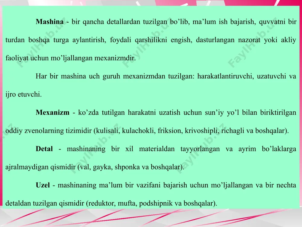 a mos keladigan va iloji boricha yuqoridagi talablarga to’liq javob beradigan. mashina uchun detal tayyorlanganda materialning turli xossalari e’tiborga olinadi. materialning mexanik xossalariga mustahkamlik, rasm o’zgarishiga moyillik, elastiklik, oquvchanlik chegarasi, nisbiy cho’ziluvchanlik va zarbiy qovushqoqlik kabilar kiradi. materialning texnologik xossalarini payvandlanish, puxtalanuv, kesib ishlanuv va quyulib ishlash mumkinligi kabi xossalar tashkil etadi. materialning iqtisodiy xossasi esa asosan uning tannarxidir. loyiha va tekshiruv hisoblari haqida ma’lumotlar detalning o’lchamlarini asosiy ishchanlik qobiliyatiga (masalan, mustahkamlik, bikrlik, yeyilishga chidamlilik va boshqalar) mos keluvchi ifodalar orqali aniqlash loyiha hisobi deyiladi. bu hisoblash usuli detalning yoki konstruksiyaning o’lchamlari oldindan noma’lum bo’lganda qo’llaniladi. loyiha hisoblari qator cheklanishlarga asoslangan va dastlabki hisob rasmida bajariladi. detalning asosiy ishchanlik qobiliyati mezonining amaldagi tavsif­larini aniqlash va ularni ruxsat etilgan qiymatlari bilan taqqoslash tekshiruv hisobi deb ataladi. tekshiruv hisobida hisobiy kuchlanishlar va mustahkamlik zahirasi koeffisientlari, haqiqiy solqilik va kesimning qiyalik burchagi, harorat va shu kabilar aniqlanadi. tekshiruv hisobi aniqlashtirilgan usul hisoblanadi. bu …
