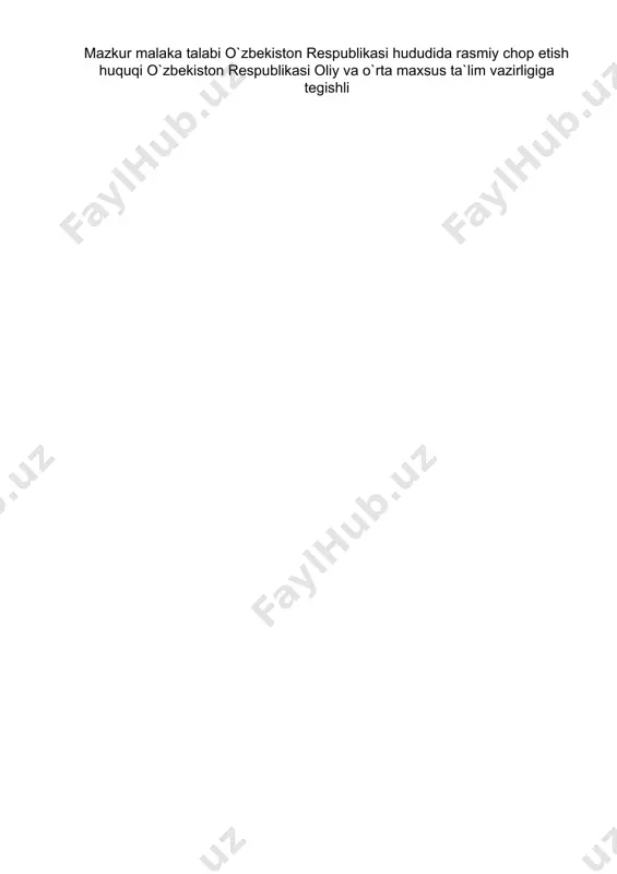 r joy qaratish, fikrni jamlash, qo’l-oyoq harakatini jarayonga moslashtirish, har tomonlama tez fikrlash va faraz qilish, yorug’likni sezish, faol va tez xotirlash, harakat xotirasi va moslashuvchanlik. 2.3. ta’limni davom ettirish imkoniyatlari. 30720906-to`qimachilik ishlab chiqarish jihozlariga texnik xizmat ko`rsatish va ta`mirlash kasbi bitiruvchisi keyinchalik kasbiy ta’limini chuqurlashtirish maqsadida: kadrlar malakasini oshirish tizimida, tarmoq o’quv muassasalarida va maxsus kurslarida malakani oshirishi; kasbiy faoliyatning tegishli sohasida yanada yuqoriroq malakaga erish maqsadida oliy ta’lim muassasasida o’qishni davom ettirishi mumkin. 2.4. o’qishga qabul shartlari. o’qishga qabul shartlari amaldagi qonunchilik asosida amalga oshiriladi. 3. bitiruvchilarning kasbiy faoliyati tavsifi 3.1. bitiruvchining kasbiy faoliyat sohasi: to`qimachilik tolalari bilan ishlash va ulardan har xil tolalar olish va mashinalarga texnik xizmat ko`rsatish ishlarini mehnat muhofazasi qoidalariga amal qilgan holda bajarish. 3.1.1. bitiruvchining kasbiy faoliyat ob’ektlari: 3.1.1 texnologik jihozlarni ta`mirlovchi mexanik kvalifikatsiyasi bo’yicha: qayta ishlov berish mashinalariga texnik xizmat ko`rsatish. yigiruv mashinalariga texnik xizmat ko`rsatish ; qayta o`rash mashina va avtomatlariga …