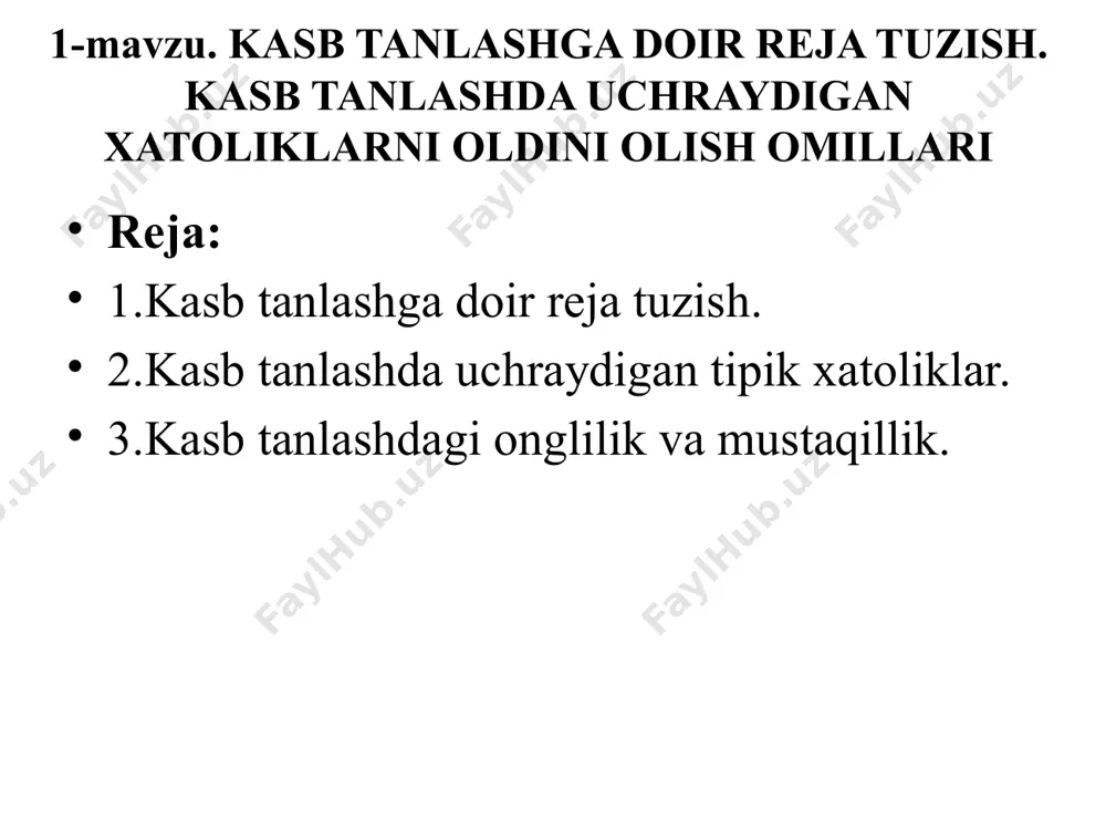 blanadi. o‘zini bilgan inson o‘zining kuchli va zaif tomonlarini, nimaga moyil ekanligini, qanday sharoitda ishlashga mos kelishini aniqlay oladi. bu esa to‘g‘ri kasb tanlashga yordam beradi. kasb tanlash jarayonida turli maslahatlar, psixologik testlar, kasb yo‘nalishlari haqida ma’lumot beruvchi manbalar va mutaxassislar yordami foydali bo‘ladi. kasb tanlashga mas’uliyat bilan yondashgan inson kelajakda muvaffaqiyatli va baxtli hayot kechirish imkoniyatiga ega bo‘ladi. kasb — bu insonning jamiyatda bajaradigan mehnat faoliyati bo‘lib, u orqali nafaqat moddiy daromad topiladi, balki inson o‘zining salohiyati, qiziqishlari va ijtimoiy foydasini namoyon qiladi. kasb tanlash — hayotda muhim va mas’uliyatli qadamlardan biri sanaladi, chunki u insonning kelajakdagi turmush tarzini, ijtimoiy mavqeini, shaxsiy baxti va rivojlanishini belgilaydi. har bir inson o‘zining qiziqishlari, qobiliyatlari, imkoniyatlari va jamiyat talablariga qarab, o‘ziga mos kasb tanlashi kerak. to‘g‘ri tanlangan kasb nafaqat insonning moddiy ehtiyojlarini qondiradi, balki unga ma’naviy zavq, kasbiy o‘sish va hayotdan rozi bo‘lish imkonini ham yaratadi. kasb insonning shaxs sifatida shakllanishida, jamiyatda …