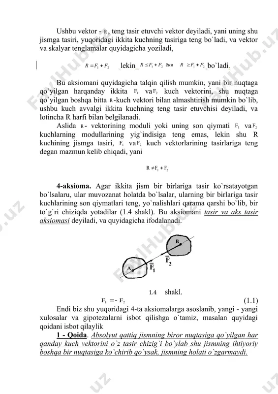 uqtadan ixtiyoriy boshqa nuqtaga ko`chirilganda uning mexanik xolati o`zgarmas ekan. bu xossadan juda keng foydalaniladi, shuning uchun ham unga alohida etibor berilmoqda. statika qismida asosan ikkita masala echiladi: 1) qattiq jismga tasir etayotgan kuchlar sistemasini qo`shish va ularni sodda holga keltirish; 2) qattiq jismga qo`yilgan kuchlar sistemasining muvozanatlik shartini tekshirish; statika masalalari grafik usulda, geometrik usulda yoki analitik usulda echilishi mumkin, lekin hozirgi kunda kompyuterlar yordamida analitik usulda echish keng tarqalgan, grafik usul deyarli qo`llanilmay ketgan. 2.erkin, qisman erkin va mutloq erksiz jismlar. agar berilgan qattiq jism unga tasir etayotgan kuchlar tufayli, fazoning ixtiyoriy tomoniga harakat qilaolsa bunday jism erkin jism deyiladi. agar uning harakati malum darajada cheklangan bo`lsa bunday jismlar qisman erkin deyiladi. masalan temir yo`l vagoni faqat shu temir yo`l bo`ylab harakat qilaoladi holos, egri trubkaning ichida joylashgan sharcha faqat shu trubkaning ichi bo`ylab xarakat qialoladi xolos, yani ularning erkinligi chegaralangan. agar jism mutloq harakatsiz bo`lsa, yani uning …
