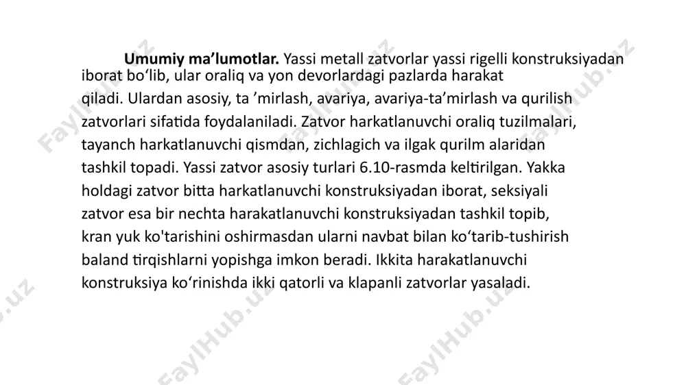 tarm oqlardagi inshootlar zatvorlari oraliq tuzilmalari 6 mm li listli poiatga prokat burchaklar va tasmalar mahkamlanib qo'yilgan namunaviy loyiha asosida bajariladi (6.11-rasm). yassi metall zatvorlarda maxsus zichlagichlar va tayanch harakatlanuvchi qismlar yo’q. katta zatvorlarning oraliq tuzilmalari rigellardan, qoplamadan to'sinli kataklardan, ko'ndalang bog'lovchilar yoki diafragmalar, chetki tayanch ustunlaridan yoki yuk ko'tarish fermalardan tashkil topgan (6.12, 6.13- rasmlar). oraliq tuzilma tirqishni yopadi va suv bosimini o'ziga qabul qiladi, u yuklamani stringerlar (rigelga parallel to'sinlar) 2 va ko'ndalang to'sinlar (rigelga perpendikular to'sinlar) 3 dan tashkil topgan to'sinli katakka uzatadi. so'ngra yuklama rigellar 4 ga uzatiladi. ko'ndalang bog'lovchilar 5 sterjenlar yoki yaxlit diafragma ko'rinishda bo'lib, zatvorni burilib ketishiga qarshilik ko'rsatadi va to'sinli katakka tushadigan yuklamani uzatishda qatnashadi. agar qoplama ko'ndalang bog'lovchilarning vertikal elementlariga yoki bevosita diafragmaga, tayansa, ular to'sinli katakning ko'ndalang to'sini vazifasini bajaradi (6.12i-rasm, 6.13a-rasm). qoplamaga parallel tekislikda bo'ylama bog'lovchilar 6 ni yuk ko'taruvchi fermalar hosil qiladi va ular zatvor og'irligi ham da …