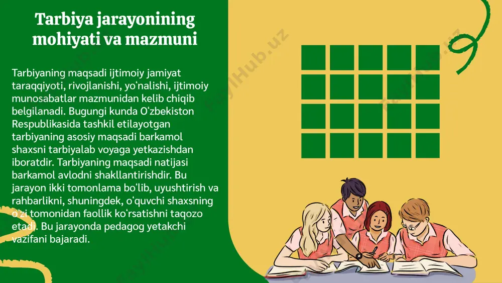 yondoshish, oʻz sohasini mukammal bilish; texnologik-uslubiy – pedagogik-psixologik jarayonda maqsadni belgilay olish, natijalarni bashorat qila olish, innovasion usullarni qismlarga boʻlib maqsadli qoʻllash; shaxsga moslashish faktori – tarbiyachi faolligi, tarbiyalanuvchi va uning ota-onasi hamda kasbdoshlari bilan boʻlgan munosabatlarda ichki va tashqi kelishmovchiliklarni koʻrsatmaslik; shaxsga yoʻnaltirilganlik – tarbiyachining tarbiyalanuvchiga nisbatan ideal sub’ekt sifatida emas, balki oʻz ehtiyoj va imkoniyatlariga ega shaxs sifatida munosabatda boʻlishi; maxsus mutaxassislik – tarbiyalanuvchining individual koʻrsatkichlarini bilish, oʻz bilim va malakasini pedagogik-psixologik jarayonda namoyon etish; kommunikabellik (kirishimlilik) – ijobiy hissiyotlarga tayangan holda, perseptiv insonni insonga nisbatan ijobiy qabul qilish, barcha bilan chiqishib ketish, muloqot oʻrnatishning zamonaviy texnologiyalaridan keng foydalanish; boʻlajak oʻqituvshi tarbiyachi sifatidagi faoliyatida quyidagi jarayonlarni bilishi lozim: jamiyatda maʼnaviy-axloqiy tarbiya usullari koʼplab shakllarda namoyon boʼladi. bu usullar orasida taʼlim muassasalarida oʼqitish, jamoat tadbirlari, va ijtimoiy loyihalar orqali axloqiy qadriyatlarni targʼib qilish mavjud. shuningdek, ommaviy axborot vositalari va madaniy tadbirlar ham muhim ahamiyatga ega. tarbiya muayyan, aniq maqsad …