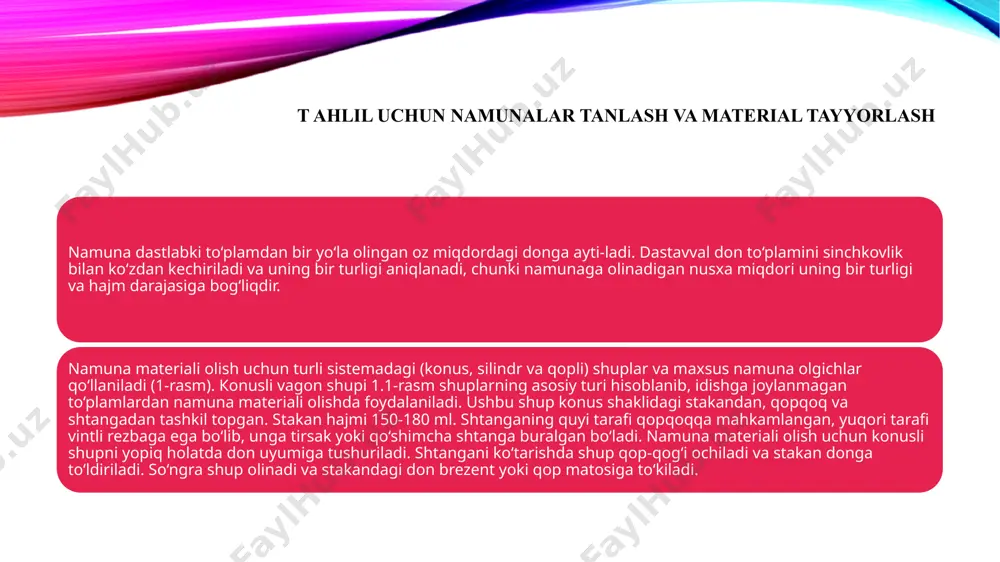 qarama-qarshi uchburchaklardagi don yig‘ishtirib olinadi, qolgan-lari yana aralashtiriladi. bu ish ikki uchburchakdagi don og‘irligi taxminan 2 kg ga etguncha davom etadi. shunda o‘rtacha namuna yuzaga keladi. diogonal bo‘lish usulida namuna ajratish o‘rtacha namuna laboratoriyaga kiritiladi. u ko‘zdan kechiriladi tortiladi, rasmiylashtiriladi va tartib raqami o‘tkazib qo‘yiladi. keyinchalik bu raqam ushbu namunaga tegishli barcha huj-jatlarga qo‘yib boriladi. 4-rasmda tahlil uchun o‘rtacha namuna va namuna qismlarini ajratishni tuzish sxemasi keltirilgan. image2.png image1.png /docprops/thumbnail.jpeg