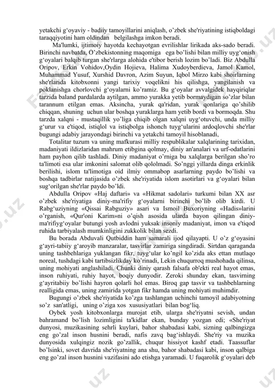 shni taqozo qiladi. xx asr o’zbek she'riyatining erk uchun olib borgan kurashi e'tiborga loyiqdir. u ikki bosqichga egadir: birinchisi, asrimizning ilk bosqichiga, ikkinchisi esa, oltmishinchi yillarga to’g‘ri keladi. hozirgi o’zbek she'riyatining ma'naviy miqyosi, badiiy, salohiyati kundan-kunga o’sib boryapti. shu ma'noda hozirgi o’zbek adabiyotida lirika alohida o’ringa ega. unda zamondoshimiz qalbida kechayotgan his-tuyg‘ularni aks ettirish barobarida, jamiyatimizning har bir a'zosida mustaqillikka shukronalik, porloya; kelajakka bo’lgan ishonchni mustahkamlashga xizmat etmoqda. bu kun she'riyatining tabiati va uning zamiridagi falsafiy g‘oyani ochib berish, uning yetakchi g‘oyaviy - badiiy tamoyillarini aniqlash, o’zbek she'riyatining istiqboldagi taraqqiyotini ham oldindan belgilashga imkon beradi. ma'lumki, ijtimoiy hayotda kechayotgan evrilishlar lirikada aks-sado beradi. birinchi navbatda, o’zbekistonning maqomiga ega bo’lishi bilan milliy uyg‘onish g‘oyalari balqib turgan she'rlarga alohida e'tibor berish lozim bo’ladi. biz abdulla oripov, erkin vohidov,oydin hojieva, halima xudoyberdieva, jamol kamol, muhammad yusuf, xurshid davron, azim suyun, iqbol mirzo kabi shoirlarning she'rlarida kitobxonni yangi tarixiy voqelikni his qilishga, yangilanish va …