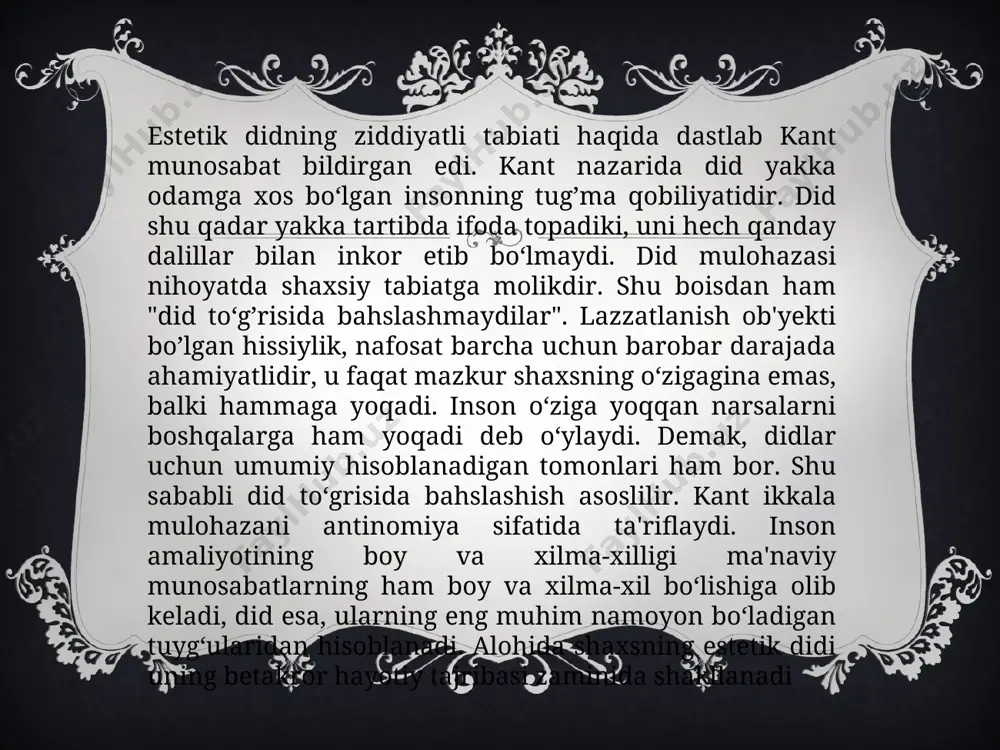 batda bo‘lish kabi belgilarni o‘z ichiga oladi. u sub’yektning alohida faolligi, xususan, xayol, tasavvur qila bilish kuchi bilan belgilanadi.