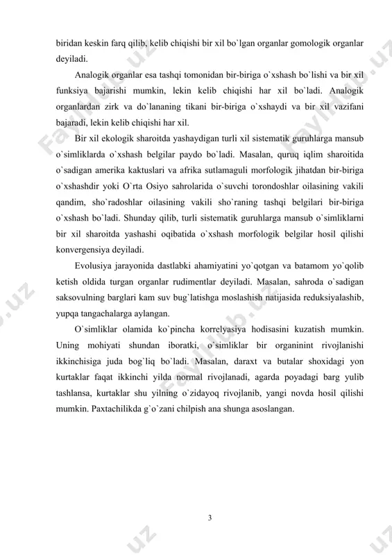 faqat ikkinchi yilda normal rivojlanadi, agarda poyadagi barg yulib tashlansa, kurtaklar shu yilning o`zidayoq rivojlanib, yangi novda hosil qilishi mumkin. paxtachilikda g`o`zani chilpish ana shunga asoslangan. i bob o'simliklar ildiz tizimining tiplari tuzilishi va funksiyalari 1.1 ildiz va ildiz tizimlarining turlari. ildiz (radix) — oʻsimlikning eng muhim organi. ildiz tuproqdan suv va oziq moddalarni soʻrib olish, oʻzida murak-kab birikmalarni sintez qilish va ularni oʻsimlikning yer ustki qismi (poyasi, barglari) ga koʻtarib berish funksiyasini bajaradi. tuproqqa mikroflora rivojini tezlashtiruvchi har xil birikmalar ajratadi va tuproq hosildorligini oshiradildiz bundan tashqari, ildiz baʼzi organik moddalarni sintez qiladildiz koʻpgina oʻsimlik ildiz vda zaxira toʻplanadildiz tuban oʻsimliklar, lishayniklar, yoʻsinsimonlar va ayrim zamburugʻlarda ildiz vazifasini rizoidlar (tuksimon va b. shakllardagi bir va koʻp hujayrali sodda ildiz lar) bajaradi ildiz koʻpincha ingichka silindrsimon yoki ipsimon boʻladi. urugʻ yerga tushgandan keyin, murtakdagi ildiz rivojlanib, asosiy ildizga aylanadildiz asosiy ildiz tarmoklanib, birinchi tartib, ular oʻz navbatida tarmoklanib, ikkinchi tartib …