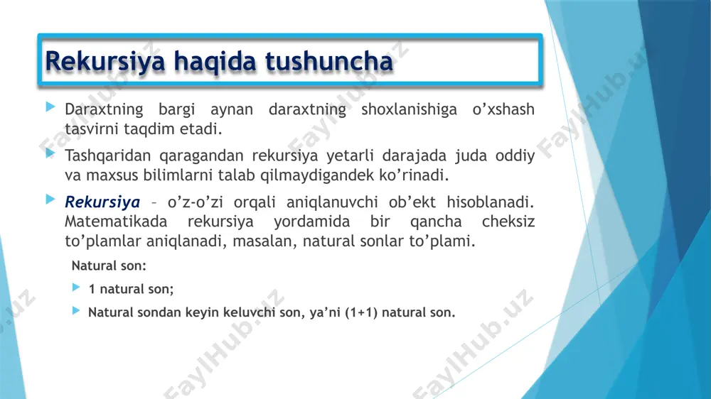 ay emas. fib(5) ni hisoblash sxemasi quyidagi daraxat shaklida tasvirlangan: 21 rekursiyaga doir misollar navbatdagi fibanachchi sonini topish undan oldingi ikkita f1 va f2 o’zgaruvchilarda saqlanayotgan sonlarga bog’liq ekanligi ma’lum. oldin f1=1 va f2=0 larni qabul qilib, keyingi fibanachchi sonini hisoblaymiz va uni x o’zgaruvchiga saqlab qo’yyamiz. endi f2 qiymat bizga kerak emas, shuning uchun f1 ni f2 ga va x ni f1 ga nusxalaymiz. int fib2(int n) { int i, f1=1, f2=0, x; for (i=2; i 20) uchun bir necha yuz ming marta (!!!) tez ishlaydi. bundan kelib chiqadiki, qaerda rekursiyasiz masala yechimini olish mumkin bo’lsa, rekursiyani qo’llash tavsiya etilmaydi. 23 adabiyotlar алфред в. ахо., джон э. хопкрофт, джефри д. ульман. структура данных и алгоритмы. //учеб.пос., м.: изд.дом: "вильямс", 2000, — 384 с. adam drozdek. data structures and algorithms in c++. fourth edition. cengage learning, 2013. бакнелл джулиан м. фундаментальные алгоритмы и структуры данных в delphi//спб: ооо «диасофтюп», 2003. …