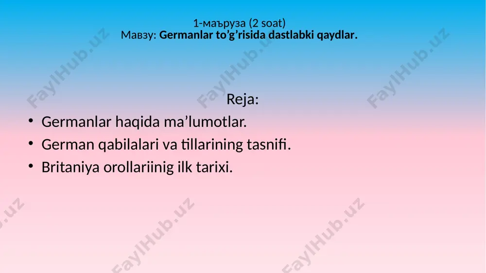 mgi norveg, qadimgi island va qadimgi dat tillarini birlashtiruvchi skandinav tillari kiradi. 3. g’arbiy tarmoq - bunga qadimgi yuqori nemis tili, qadimgi ingliz tili, qadimgi sakson, quyi frank va friz tillari kiradi. german qabilalari yirik qabila-ittifoqlarga birlashganlar. ularning qabilalarini pliniy o’zining "naturalis historia" asarida quyidagi olti guruhga ajratgan: 1. vindillar - bunga sharqiy german qabilalari hisoblanmish vandallar, gotlar va boshqalar kiradi. 2. gillevionlar - unga skandinaviyada yashagan shimoliy german qabilalari bo’lmish svionlar, danlar va gautlar kiradi. 3. germinonlar - reyn daryosining sharqida yashagan alemannlar, shvablar va langobard kabilar kiradi. 4. istveonlar (iskevonlar) - reyn daryosining o’zanida yashagan frank qabilalari kiradi. 5. ingevonlar - shimoliy dengiz qirg’oqlarida yashagan sakslar, yutalar, angllar, frizlar, tevton va kimvriylar kiradi. 6. bastarn va pevkinlar vindillar guruhiga kiradi. germanlar quyidagi xududlarda yashashgan: angllar shotlandiyaning bir oz qismidan temza daryosining vodiysigacha, sakslar temza daryosining janubiy qismlarida yutalar orolning janubiy sharqiy qismi, ya'ni hozirda kent nomini olgan xududda …