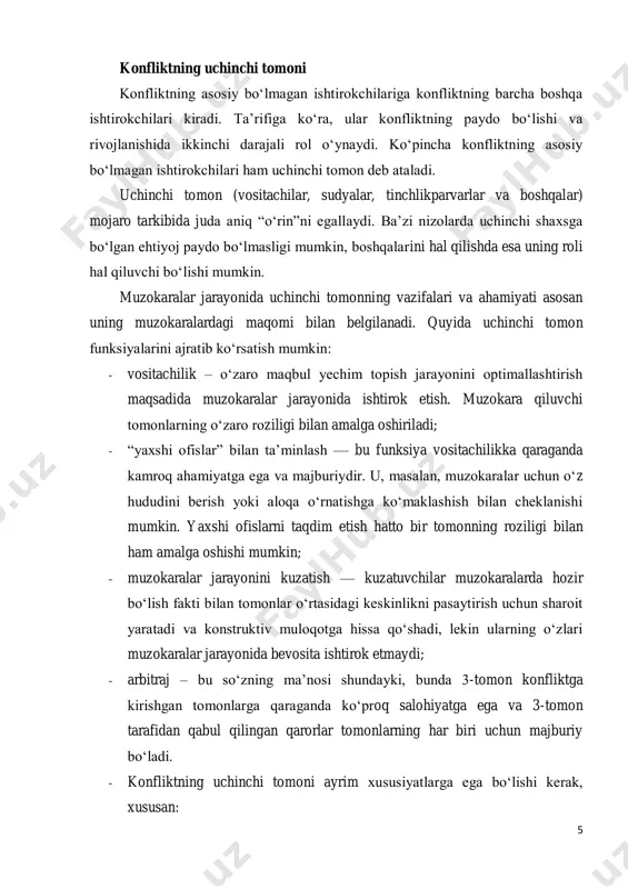 ini ajratib ko‘rsatish mumkin: - vositachilik – o‘zaro maqbul yechim topish jarayonini optimallashtirish maqsadida muzokaralar jarayonida ishtirok etish. muzokara qiluvchi tomonlarning o‘zaro roziligi bilan amalga oshiriladi; - “yaxshi ofislar” bilan ta’minlash — bu funksiya vositachilikka qaraganda kamroq ahamiyatga ega va majburiydir. u, masalan, muzokaralar uchun o‘z hududini berish yoki aloqa o‘rnatishga ko‘maklashish bilan cheklanishi mumkin. yaxshi ofislarni taqdim etish hatto bir tomonning roziligi bilan ham amalga oshishi mumkin; - muzokaralar jarayonini kuzatish — kuzatuvchilar muzokaralarda hozir bo‘lish fakti bilan tomonlar o‘rtasidagi keskinlikni pasaytirish uchun sharoit yaratadi va konstruktiv muloqotga hissa qo‘shadi, lekin ularning o‘zlari muzokaralar jarayonida bevosita ishtirok etmaydi; - arbitraj – bu so‘zning ma’nosi shundayki, bunda 3-tomon konfliktga kirishgan tomonlarga qaraganda ko‘proq salohiyatga ega va 3-tomon tarafidan qabul qilingan qarorlar tomonlarning har biri uchun majburiy bo‘ladi. - konfliktning uchinchi tomoni ayrim xususiyatlarga ega bo‘lishi kerak, xususan: 6 - siyosiy kapital — muhim siyosiy qarorlarni ishlab chiqish va qabul qilish, …