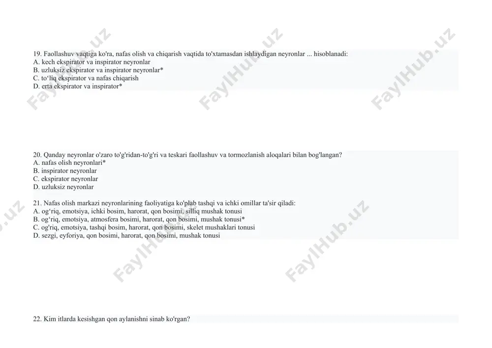 yasi va qon ph* 45. ko'p parametrli o'zaro ta'sir printsipi asosida funktsional nafas olish tizimi nimani ko'rsatadi? a. gaz ko'rsatkichlarini qayta taqsimlash * b. gaz gomeostazining koʻrsatkichlari c. bu koʻrsatkichlarning jiddiy siljishi bilan d. qon gazlari 46. ​​funktsional nafas olish tizimi qaysi darajadan iborat? a. gomeostatik daraja* b. metabolizm tezligi c. qondagi kislorod darajasi d. qondagi karbonat angidrid miqdori 47. qanday gomeostaz ko'rsatkichlari ichki muhitning boshqa ko'rsatkichlari bilan chambarchas bog'liq? a. gaz gomeostazi* b. havo gomeostazi c. osmotik gomeostaz d. aralash gomeostaz 48. ichki muhitning qaysi ko'rsatkichlari gaz gomeostazi ko'rsatkichlari bilan chambarchas bog'liq? a. harorat, qon bosimi, osmotik bosim* b. harorat, qon bosimi, onkotik bosim c. sovitish, qon bosimi darajasi, osmotik bosim d. harorat, kislorod bosimi darajasi, osmotik bosim 49. kislorodsɪz qanday organizm 2-3 munutdan ortɪq yashay olmaydi? a. ishki ortalɪq b. ishki organlar c. ápiwayɪlar d. tiri organizm* 49. to'qimalarning tinch holatda normal ishlashi uchun kislorodga o'rtacha talab qancha …