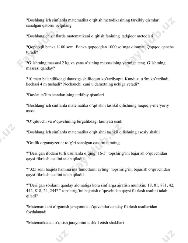 analgan qatorni ajrating ?”berilgan ifodani turli usullarda o’qing: 16-5” topshirig’ini bajarish o’quvchidan qaysi fikrlash usulini talab qiladi? ?”325 soni haqida hamma ma’lumotlarni ayting” topshirig’ini bajarish o’quvchidan qaysi fikrlash usulini talab qiladi? ?”berilgan sonlarni qanday alomatiga kora sinflarga ajratish mumkin: 18, 81, 881, 42, 442, 818, 24, 244? ” topshirig’ini bajarish o’quvchidan qaysi fikrlash usulini talab qiladi? ?matematikani o‘rganish jarayonida o’quvchilar qanday fikrlash usullaridan foydalanadi ?matemaikadan o‘qitish jarayonini tashkil etish shakllari ?boshlаng’ich sinflаrdа eng ko’p tаrqаlgаn dаrs tipi -... ?induksiya, deduksiya, аnаlogiya metodlаridаn qаchon foydаlаnilаdi? ?matematika darsi turlari ?matematikadan o‘qitish jarayonini tashkil etish vositalarining asosiy guruhlarini aniqlang ?matematikadan o‘qitish jarayonini tashkil etishda qoʻllanadigan koʻrsatmali qoʻllanmalarning asosiy guruhlarini aniqlang ?… metodi bilishning shunday yoʻliki, bunda oʻquvchining fikri birlikdan umumiylikka, xususiy xulosalardan umumiy xulosaga oʻsib boradi. nuqtalar oʻrniga kerakli soʻzni qoʻying ?.umumiy qoidalardan xususiy misollarga va konkret qoidalarga oʻtish – bu ... . nuqtalar oʻrniga kerakli soʻzni qoʻying ? ... xususiydan xususiyga boradigan, …
