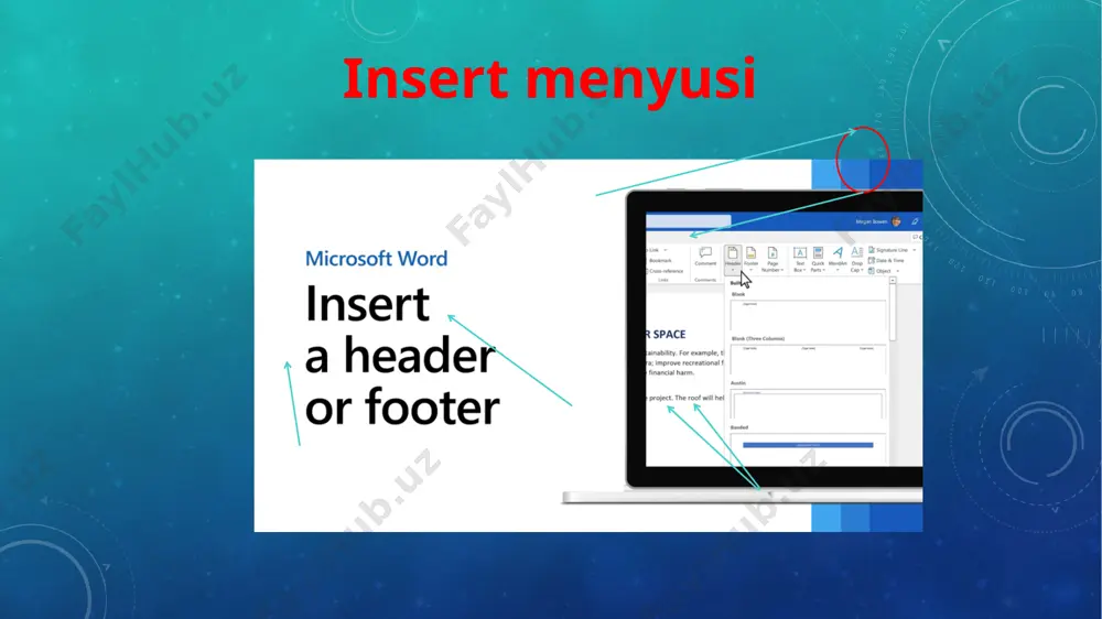 er tools menyu oynasidagi design menyusini tanlang. 2. date & time buyrug‘ini tanlang va menyuni hosil qiling footerga qo‘shish mumkin bo‘lgan sana koʻrinishining turli usullari aks etgan oyna ochiladi bu format deb ataladi. endi siz quyidagini qilishingiz kerak: 1. sana va/yoki vaqt uchun format tanlang. 2. formatni bossangiz, hujjatning footer maydonida sana va/yoki vaqt aks etadi. muhokama qilamiz? 1. hujjatlarni yaratish uchun klaviaturada belgilar yetarlimi? javobingizni asoslang. 2. “hujjatga bet qo’yish qanday amalga oshiriladi? 3. unicode jadvali haqida nimalarni bilasiz? 4. kontekst menyusi nima? kontekst menyusini qanday ishga tushirish mumkin? image2.png image3.png image4.png image5.png image6.png image7.png image8.png /docprops/thumbnail.jpeg