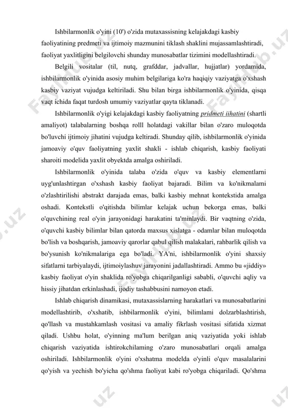 iyofasiga kirib borish, uning xatti-harakatlarini anglash, vaziyatni baholash va to'g'ri xatti-harakatni tanlash, muhim hisoblanadi. psixodrama va sotsiodrama - bu rolli o'yinga, ishbilarmonlik teatriga o'xshagan bo'lib, faqat bu yerda sotsial-psixologik masalalar yechiladi. bunday masalalar jumlasiga jamoadagi vaziyatni his kila olish, boshqa kishini ruhiy holatini to'g'ri baholash va uni o'zgartira olish, u bilan unumli muloqotga kira olish kiradi. ishbilarmonlik o'yini texnologiyalari uch bosqichdan iborat (3.12-rasm). i. tаyyorlаsh bоsqichi 1.1. o’yinni ishlаb chiqish sцеnаriyani ishlаb chiqish yo’riqnоmа mаzmunini ishlаb chiqish mоddiy tа’minоtni tаyyorlаsh guruhni shаkllаntirish 1.2. o’yingа kirishish rоllаr tаqismоti muаmmо vа mаqsаdlаrni vujugа kеltirish shаrtlаr, qоidаlаr, rеglаmеnt o’rnаtish mаslаhаtlаr bеrish ii. o’tkаzish bоsqichi 2.1. tоpshiriq ustidа guruh bilаn ishlаsh mаnbаlаr bilаn ishlаsh trеning miyalаr hujumi o’yin tехniki bilаsh ishlаsh 2.2. guruhlаrаrо munоzаrа guruhlаrning chiqishi nаtijаlаrni himоya qilish munоzаrа qоidаsi tаqrizchilаr (ekspеrt) ishi iii. tаhlil bоsqichi 3.1. o’yindаn chiqаrish 3.2. tаhlil 3.3. ishni bаhоlаsh vа o’zigа bаhо bеrish 3.4. хulоsа vа umumlаshtirish 3.5. …