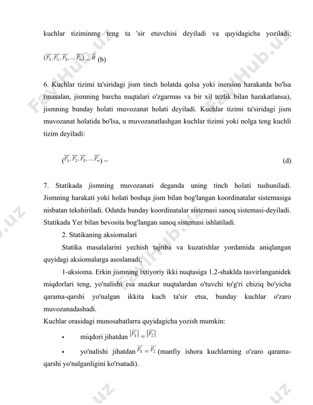 gonali bo 'ylab yo 'naladi. jismning biror a nuqtasiga qo'yilgan, o'zaro burchakni tashkil etuvchi va kuchlarning teng ta'sir etuvchisini bilan belgilaymiz (1.4-shakl). aksiomaga ko'ra 4-aksioma. har qanday ta 'sirga miqdor jihatidan teng va yo'nalishi qarama-qarshi bo'lgan aks ta'sir mavjuddir. bu aksiomadan ikkita muhim xulosa kelib chiqadi. birinchidan, ta'sir bo'lgan joyda har doim aks ta'sir ko'rsatuvchi kuch mavjud bo'ladi. ikkinchidan esa, ta'sir va aks ta'sir etuvchi kuchlar bir-birlarini muvozanatlashtirmaydi, chunki ular boshqa jismlarga qo'yilgan. masalan, a jismning b jismga ko'rsatadigan ta'sir kuchi b jismning ob nuqtasiga qo'yiladi. b jismning a jismga ta'sir kuchi esa a jismning oa nuqtasiga qo'yiladi (1.5-shakl). va kuchlar miqdorjihatidan bir-biriga teng va ta'sir chiziqlari umumiy bo'lib, qarama-qarshi tomonga yo'nalgan: =- bu aksioma nyutonning uchinchi qonunini ifodalaydi. 5-aksioma. agar muvozanat holatidagi deformatsiyalanadigan jism mutlaq qattiq jismga aylansa, uning muvozanati buzilmaydi, vu aksioma qotish prinsipi deyiladi. 3. bog'lanish va bog'lanish reaksiyalari jism fazoda ixtiyoriy tomonga harakatlana olsa, u erkinjism …