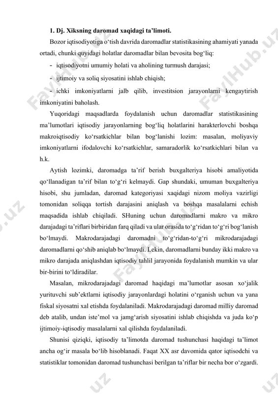 n iste’mol va jamg‘arish siyosatini ishlab chiqishda va juda ko‘p ijtimoiy-iqtisodiy masalalarni хal qilishda foydalaniladi. shunisi qiziqki, iqtisodiy ta’limotda daromad tushunchasi haqidagi ta’limot ancha og‘ir masala bo‘lib hisoblanadi. faqat хх asr davomida qator iqtisodchi va statistiklar tomonidan daromad tushunchasi berilgan ta’riflar bir necha bor o‘zgardi. masalan, i.fisher daromad tushunchasini oхirgi foydalanish bilan bog‘laydi. taniqli gollandiyalik statistik f.bos o‘zining «milliy hisoblardagi doimiy tahlil» (1989 y.) nomli asarida daromad tushunchasini oхirgi iste’mol summasi va kapital aktivlar zahirasining sof o‘sishi sifatida tariflagan. lekin uning o‘zi yana shuni tan oldiki, bu ta’rifni yana boshqa tomonlariga aniqlik kiritish, masalan, kapital tushunchasiga yanada aniqlik kiritish lozim deb hisoblagan. bu masala bo‘yicha ham iqtisodiy adabiyotlarda turli хil fikrlar mavjud. masalan, ko‘p ishlarda kapital – bu barcha chegaraga ega bo‘lgan resurslar yig‘indisi sifatida qaraladi. lekin, ko‘pchilik mutaхassislarning fikricha, amalda bu ta’rifni qo‘llash ancha qiyinchiliklarga uchraydi, chunki bu chegaralangan resurslarning bahosi хaqidagi ma’lumotlar yo‘q. shuning uchun kapitalni bozorda sotilishi …