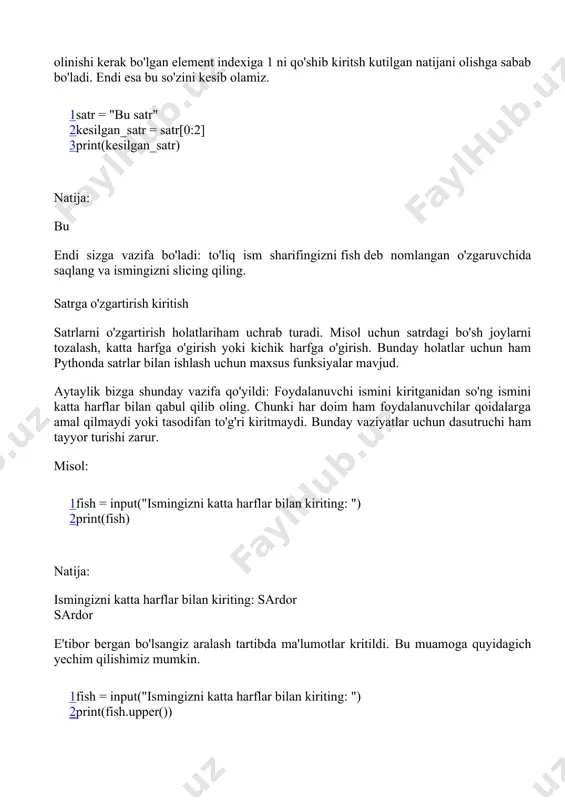 , 3 bo'ladi. 2. satr ichiga joylangan {} belgilarga tartib raqamini berishimiz mumkin. aniqroq aytganda .format da joylashgan o'rnini satr ichidagi {} belgilarga qo'shamiz. misol uchun "{1}, {0}, {2}".format(1, 2, 3) bo'lsa natija 3, 1, 2 bo'ladi. bu yerda bir narsa e'tiborli bo'ling format funksiyasini tartiblash uchun indexlar 0 dan boshlanadi. 3. satrlarda format funksiyai bilan formatlashni yana bir yo'li bu kalit so'zlar yordamida. biz yuqorida index lar orqali tartib raqami bilan joylashtirdik. xaxsus kalit so'zlar orqali ham formatlash mumkin. "{bir}, {uch}, {ikki}".format(bir=1, ikki=2, uch=3) bo'lsa natija 1, 3, 2 bo'ladi. kalit so'zlar orqali formatlash adashish ehtimoligini kamaytiradi. misollar: 1 2 3 print("{2}, {1}, {0}".format(0, 1, 2)) print("{}, {}, {}".format(1, 2, 3)) print("{bir}, {uch}, {ikki}".format(bir=1, ikki=2, uch=3)) bu misllarni har birini ishlatib ko'ring va tahlil qiling. sizga satrlarni formatlash uchun quyida vazifa qoldiraman. foydalanuvchi ismi, tug'ilgan yili, manzilini ekrandan kiritsin, natijani quyidagicha chiqaruvchi dastur tuzing. mening ismim [ism_uchun_joy], yoshim [yosh_uchun_joy]. …