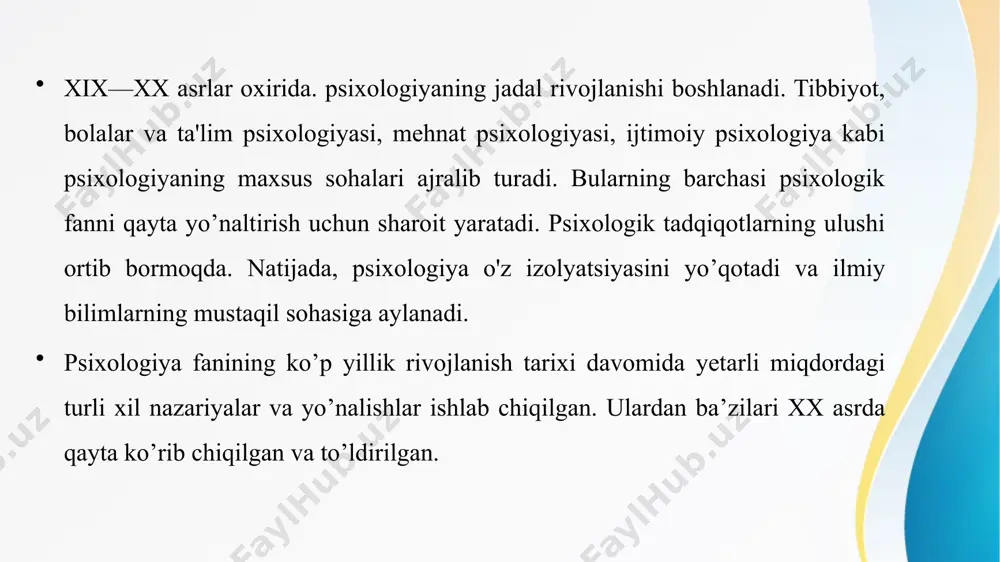 laydigan taʼlimotiga asoslanadi. 13 geshtaltpsixologiya tarafdorlari (m. vertxeymer, v. kyoler, k. koffka, k. levin va b.) psixika mohiyatini idrokning oʻziga xosligi, yaxlitlik bilan izoxlaydilar. geshtaltpsixologiya namoyandalari asarlarida idrokning shakllanishida tajribaning oʻrni oʻrganilmagan va bunga eʼtibor ham berilmagan. image2.jpeg image3.png image4.png image5.jpeg image6.jpeg image7.jpeg image8.jpeg image1.jpeg /docprops/thumbnail.jpeg