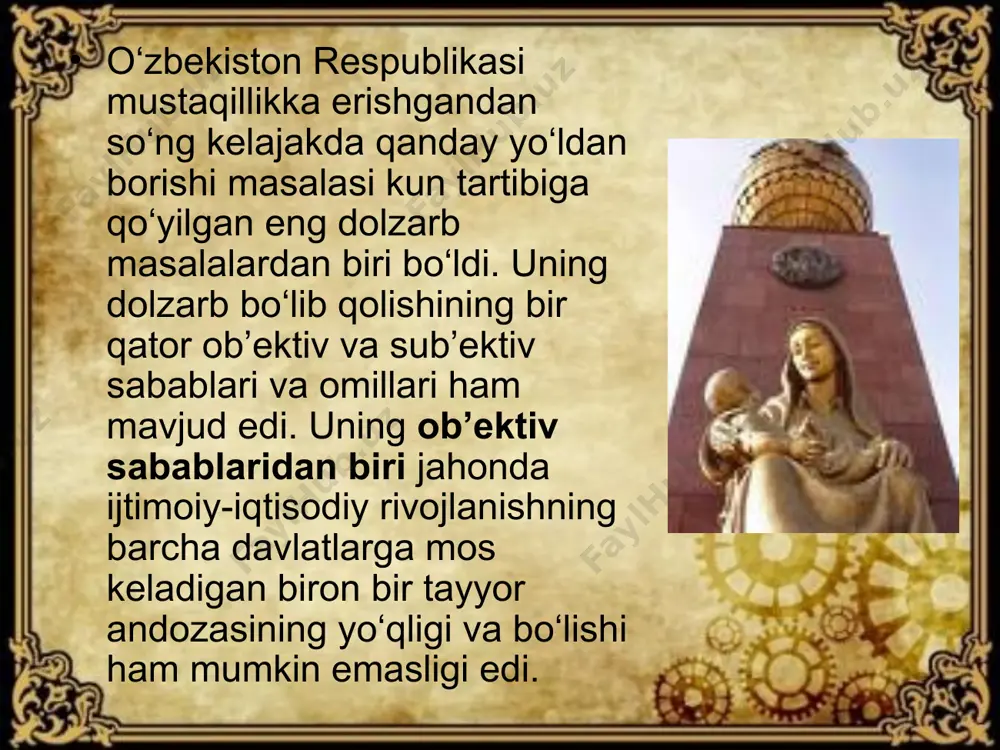 inligining konstitutsiya va qonunlar bilan kafolatlanishi. qonun ustuvorligi. fuqarolarning siyosiy va iqtisodiy huquqlari mavjudligi va tengligi. tayinlash yo‘li bilan shakllangan davlat organlarining saylab qo‘yiladigan organlari oldida hisob berib turishi. ko‘ppartiyaviylik tizimining mavjudligi. umummilliy masalalarning hal etilishida referendumlarning o‘tkazilishi. mulk shakllarining xilma-xilligi va ularning tengligini kafolatlovchi qonunlarning mavjudligi. siyosiy muholifatning ochiq faoliyat ko‘rsatishi. jamiyatda xilma-xil fikrlarning, plyuralizmning mavjudligi va h.k. o‘zbekistonning o‘ziga xos va o‘ziga mos yo‘li bo‘lgan «o‘zbek modeli» mamlakat taraqqiyotining har bir bosqichida, ijtimoiy, iqtisodiy va siyosiy islohotlarning xususiyatlaridan kelib chiqib, ijodiy rivojlantirilmoqda. umuman, «o‘zbek modeli» o‘zbekistonning o‘ziga xos bo‘lgan taraqqiyot yo‘li bo‘lib, bu yo‘l mamlakatimizning tarixiy – milliy xususiyatlarini, geografik va demografik shart-sharoitlarni hisobga olgan, respublikaning bosh, strategik maqsadi sari yo‘naltirilgan, islohotlarning har bir bosqichida ijodiy rivojlanib boruvchi dasturiamaldir. adabiyotlar o‘zbekiston respublikasining konstitutsiyasi. –t.: «o‘zbekiston», 2003 o‘zbekiston respublikasining konstitutsiyasiga sharh. –t.: «o‘zbekiston», 2001. karimov i.a. bizdan ozod va obod vatan qolsin. prezident i.a.karimovning bmtning 1993 yil 28 sentyabrda …
