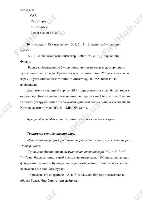 операторини ёувларга хам куллаш мумкин, агарда ёзувлар бир хил типда булса. масалан, v := m; ушбу оператор бажарилгандан сунг v майдон ёзуви кийматлари м майдон ёзуви кийматларига тенг булиб колади. купгина масалаларда ёзувлар ичидаги массивлардан фойдаланиш кулайрок. уларни куйидагича ёзиш мумкин: type person = record fio : string[20]; age : 1 .. 99; prof : string[30] end; var list : array[1..50] of person; ёзув майдонларига мурожат бирмунча куполрок холатлада амалга оширилади, айникса идентификаторлар узунлиги 5 та белгидан ортик булган майдонларда. бу муаммоларни ечиш учун паскал тилида куриниши куйидагича ёзиладиган with операторидан фойдаланамиз: with do ; with операторида ёзув типидаги узгарувчиларни эълон килинганидан сунг улардан оддий операторлар сифатида фойдаланиш мумкин. мисол. with оператори ёрдамида car ёзувли майдонга кийматлар бериш. with m do begin number := 5543; marka := 'газ-21'; fio := 'панчин м.и.'; address := 'навои куча,5' end; паскаль тилида ёзувларни ичма-ич хам ёзиш мумкин (яни ёзув майдони уз навбатида ёзув …